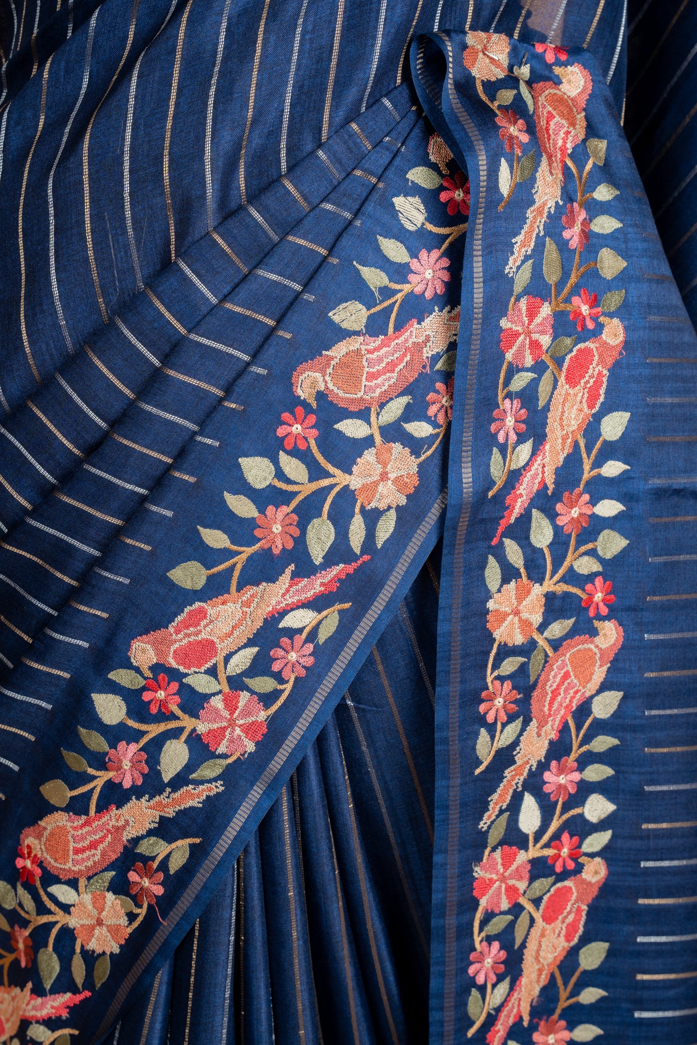 Midnight Blue Tussar Silk Saree with Multicolor Parsi Gara Border (RTS)