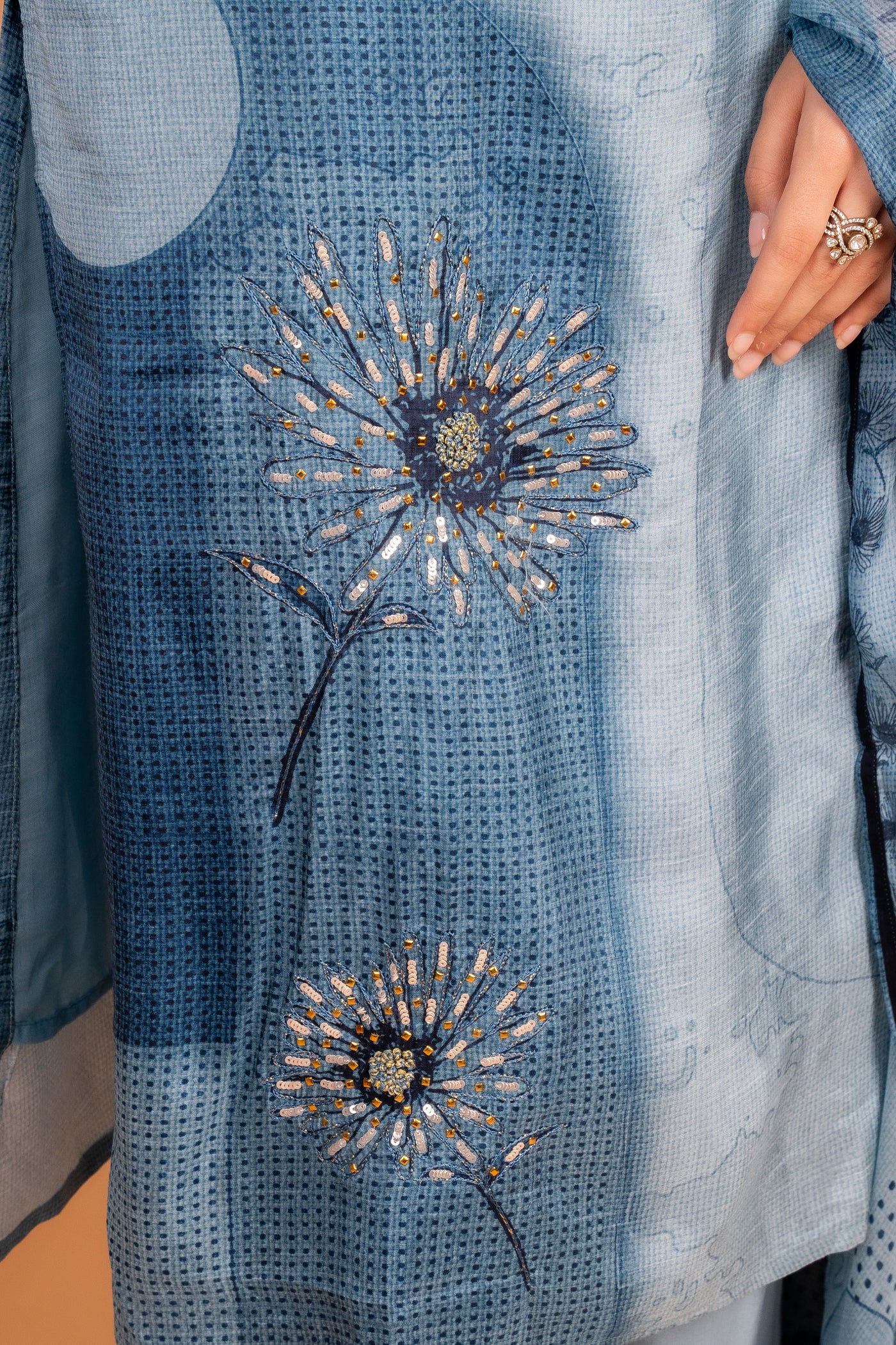 Blue Floral Lin Kota Doria Kurta set with Beaded Embellishment