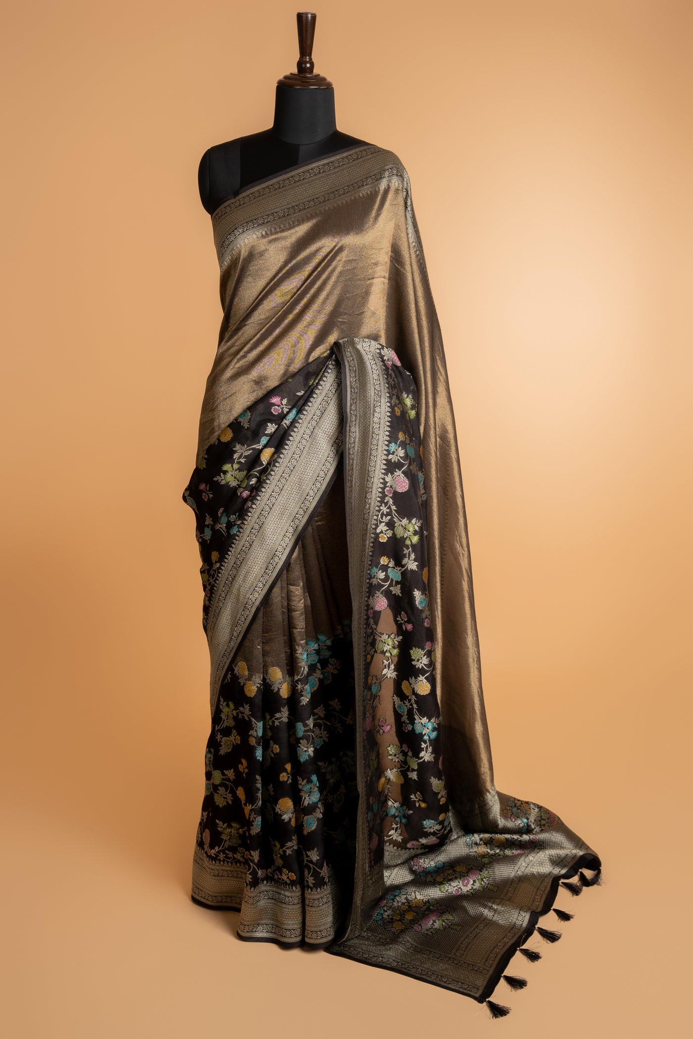Black Banarasi Tissue Silk Saree with Multicolor Meenakari Jaal (RTS)