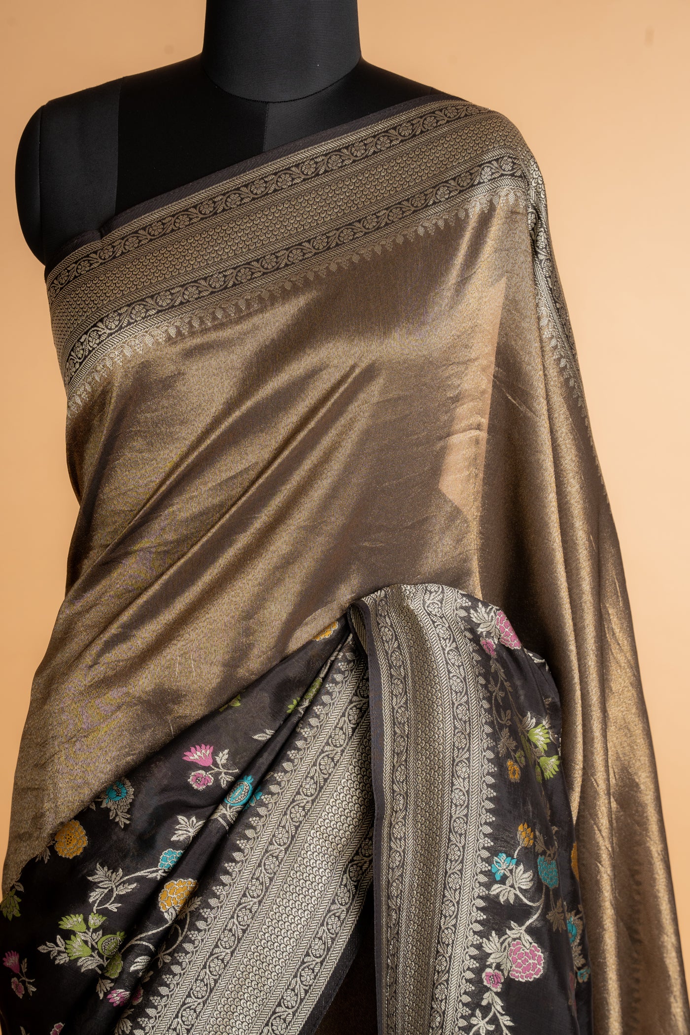 Black Banarasi Tissue Silk Saree with Multicolor Meenakari Jaal (RTS)