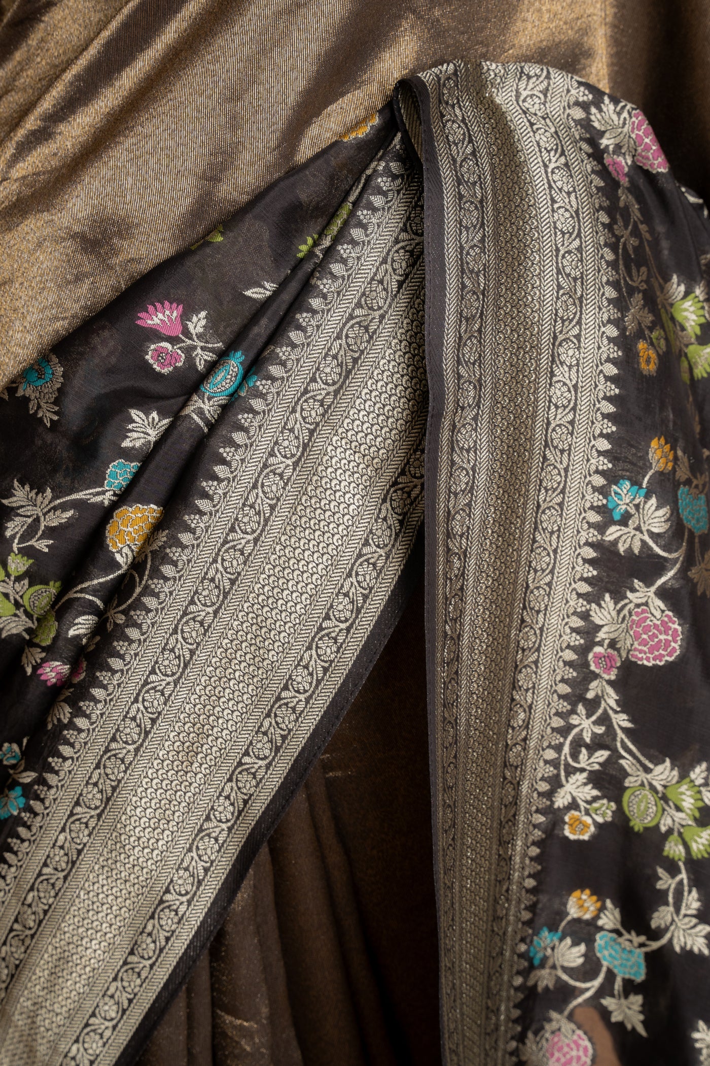 Black Banarasi Tissue Silk Saree with Multicolor Meenakari Jaal (RTS)