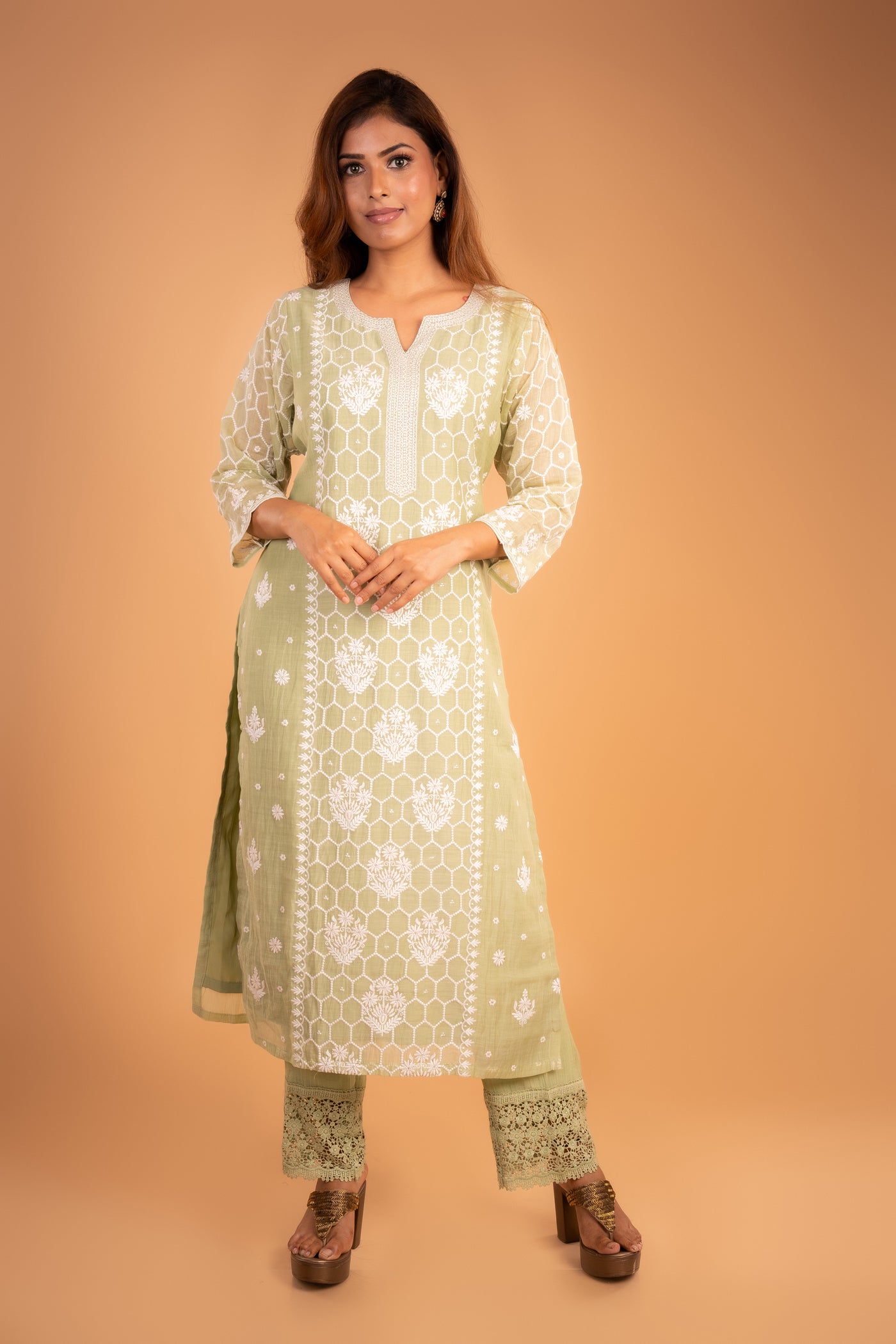 Pista Green Chikankari Embroidered Kurta set