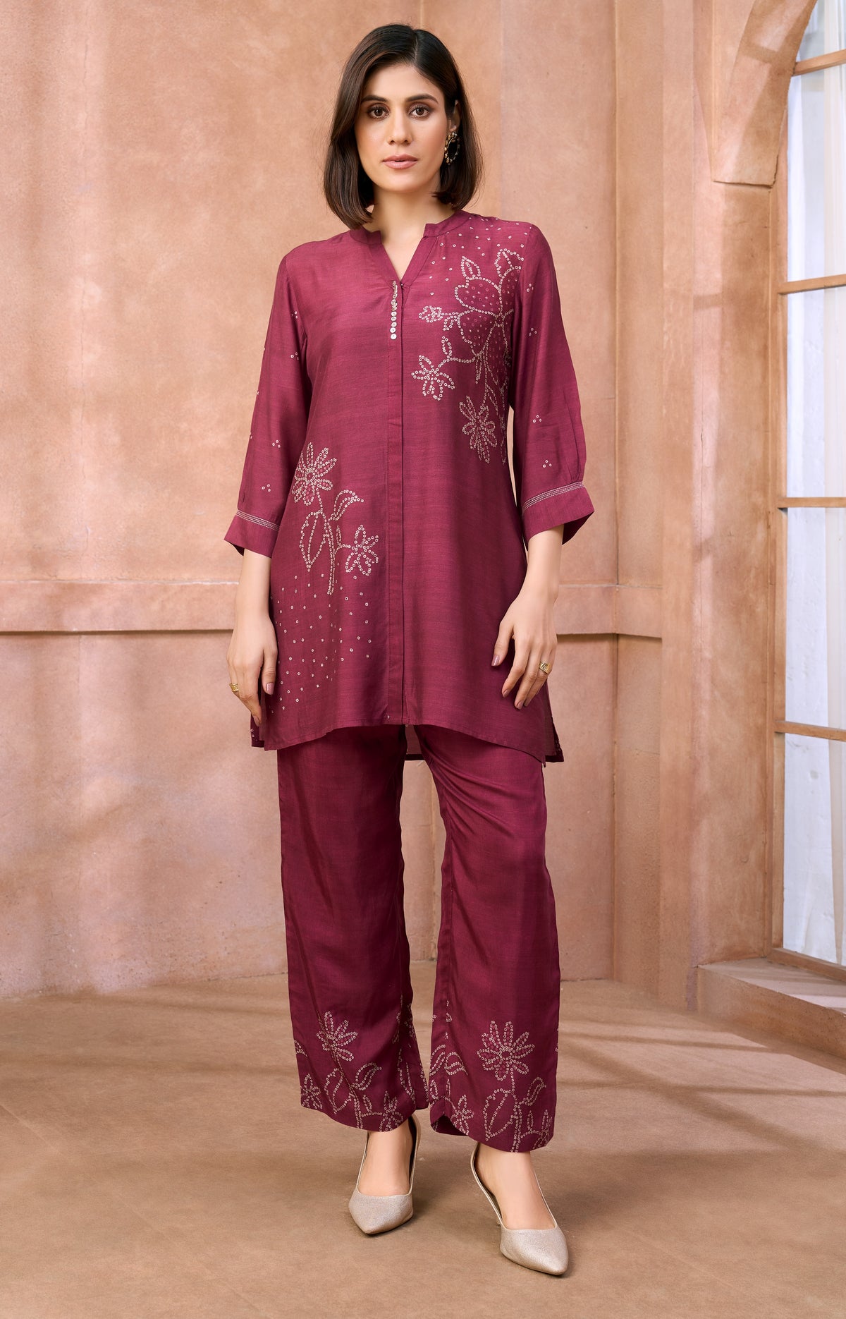 Wine Embroidered Co-ord Set