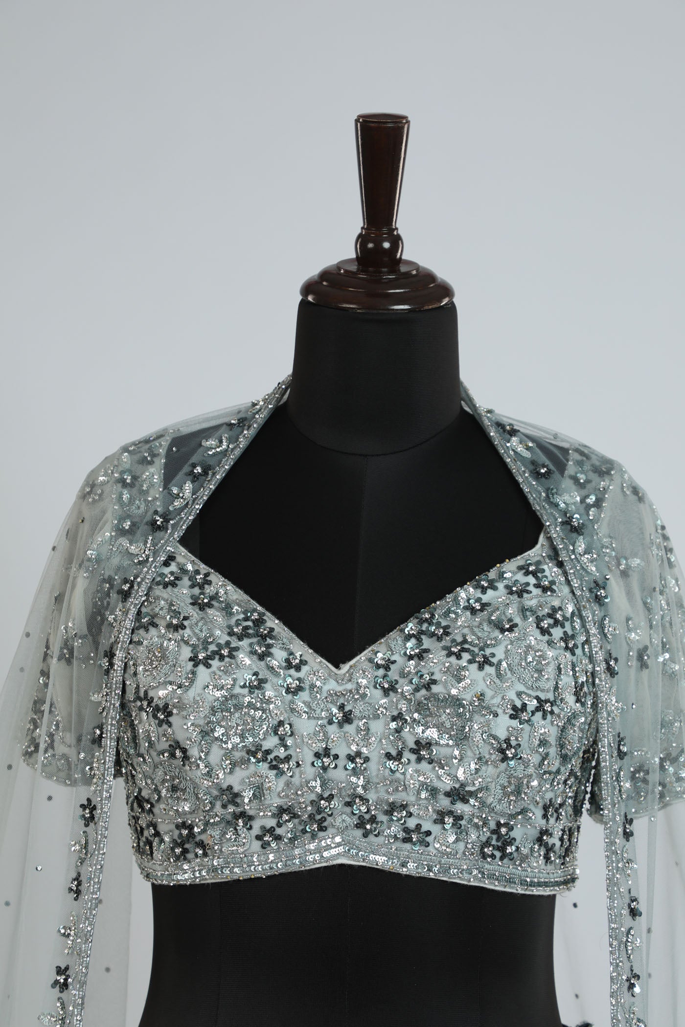 Shaded handcrafted lehenga on net. (RTS)