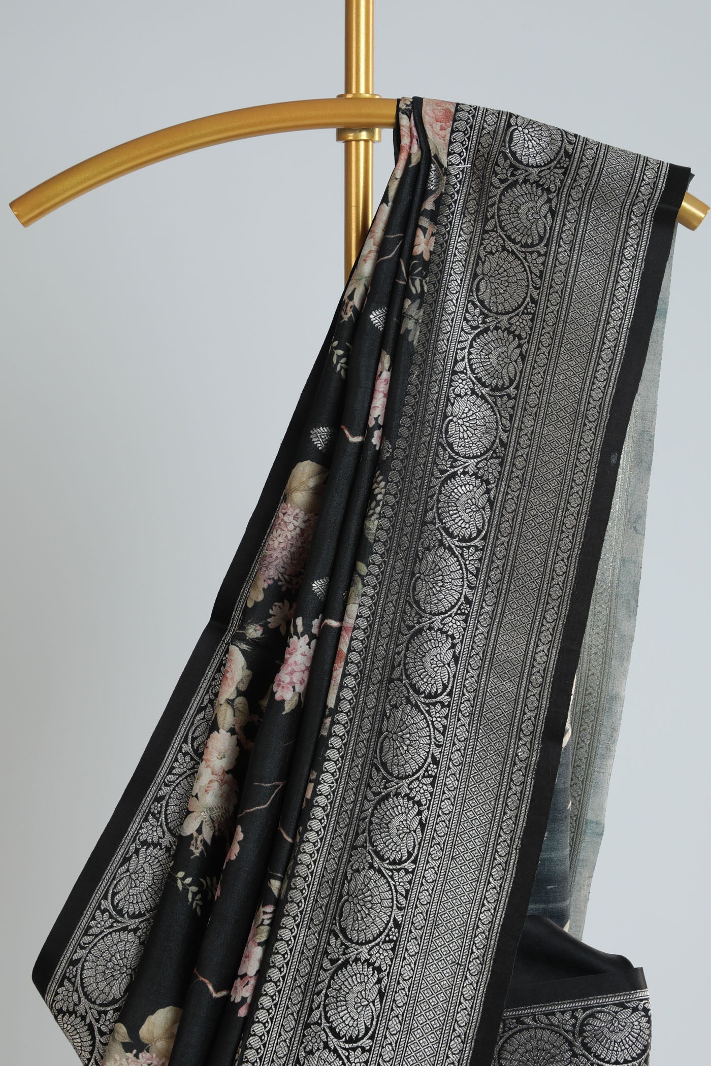 Printed soft tussar silk saree with banarasi border and pallu.