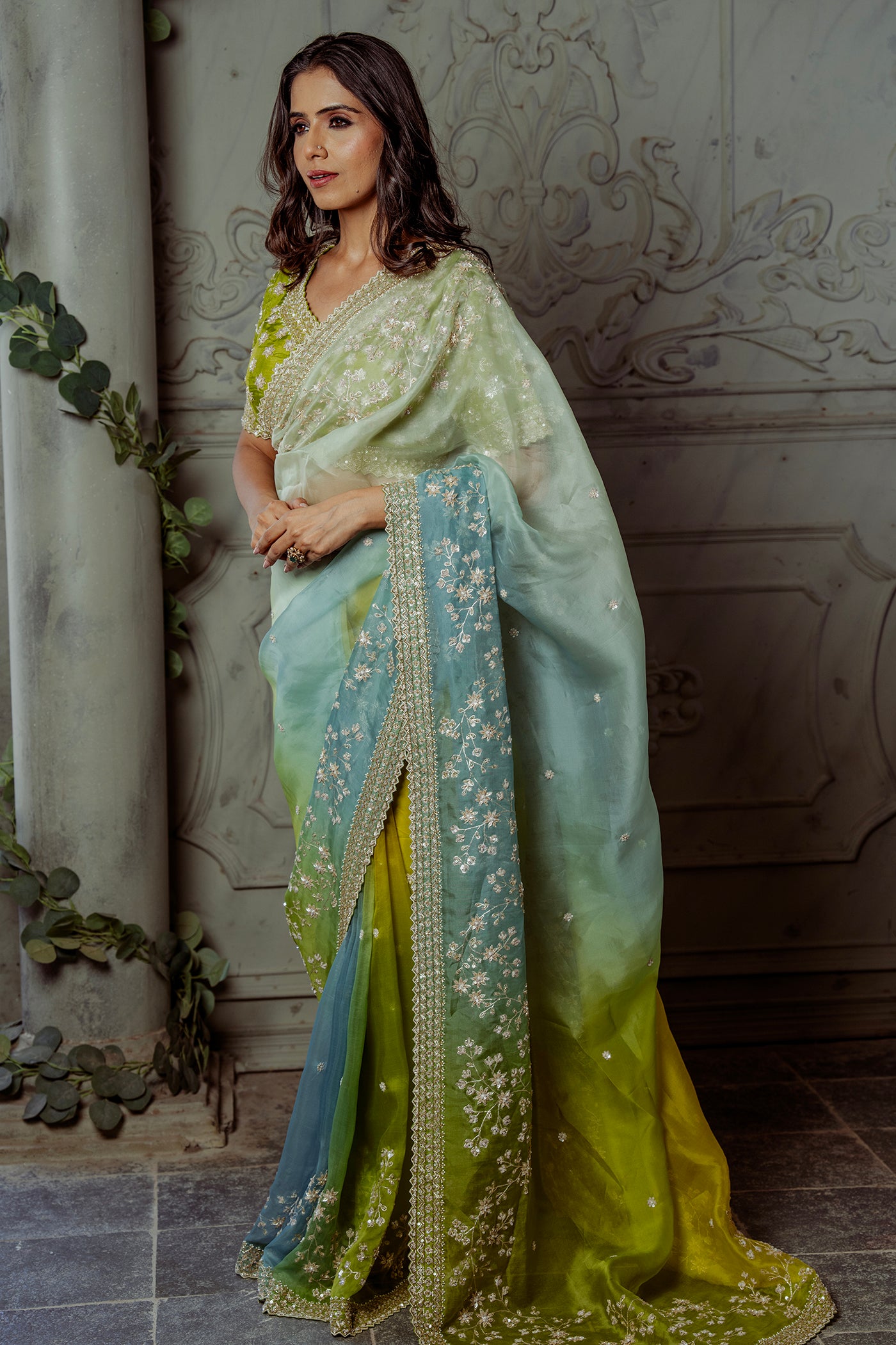 Multi Shaded Embroidered Organza Saree With A Readymade Blouse