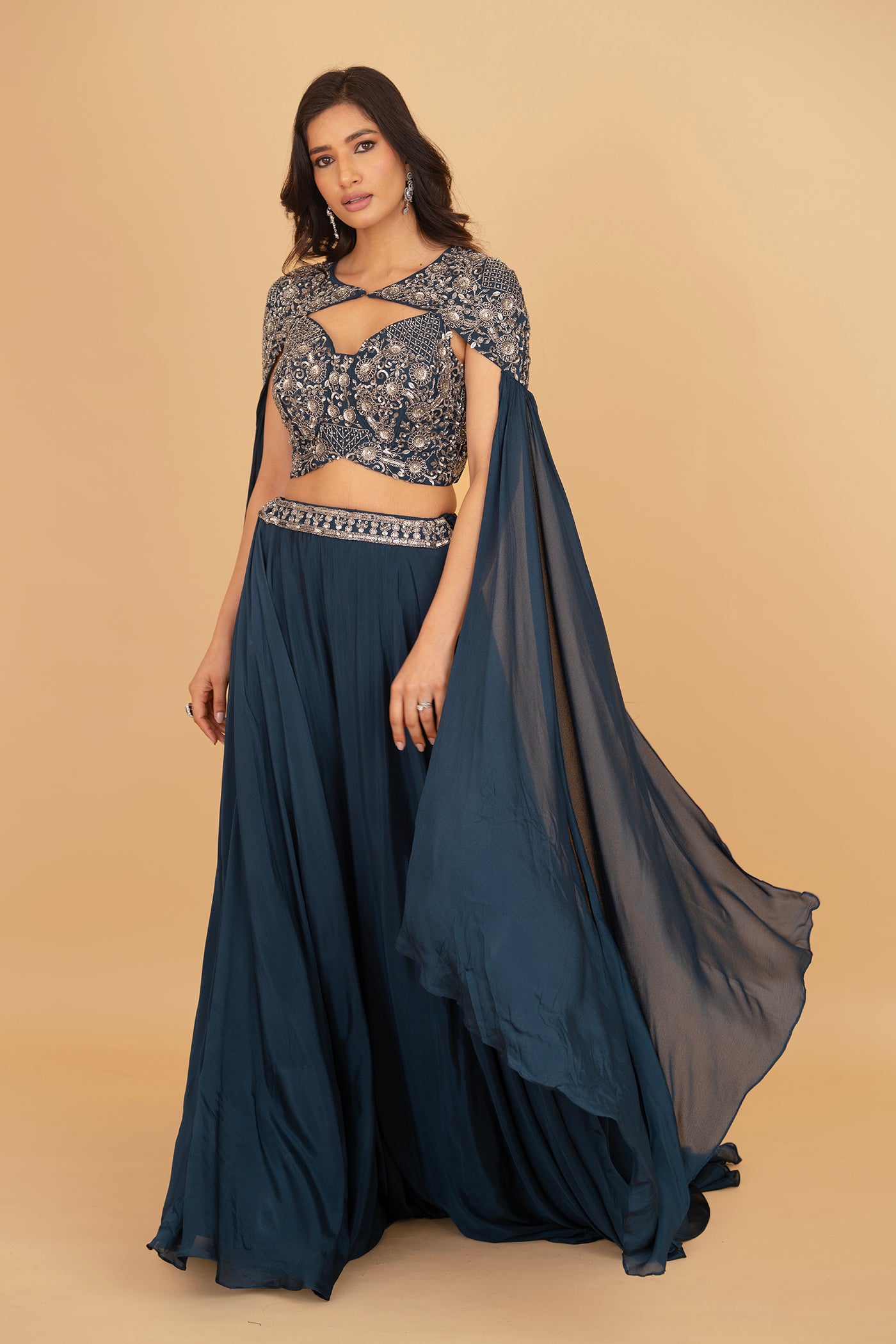 Teal lehenga set with cape
