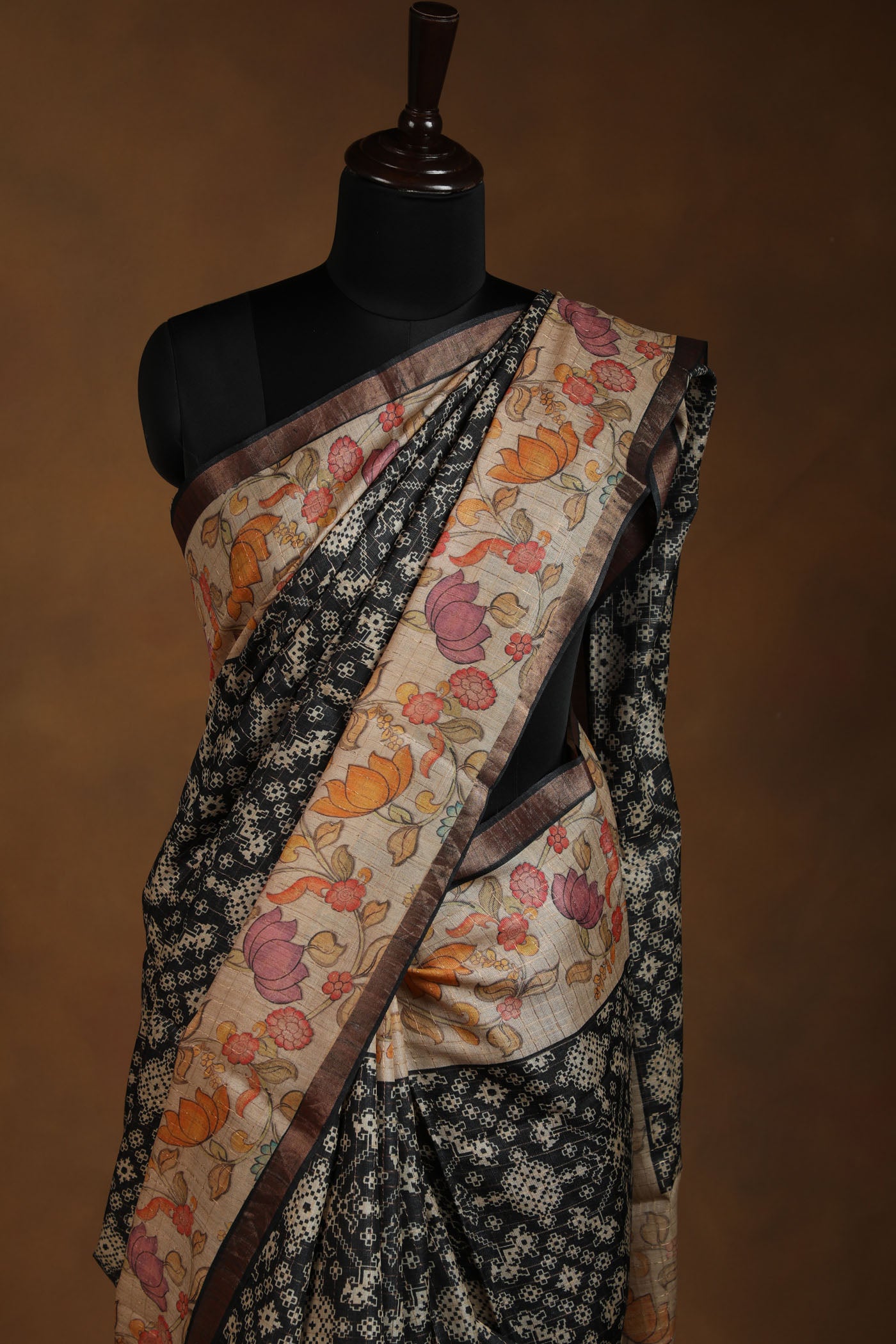 Pure tussar silk saree with kalamkari border and pallu