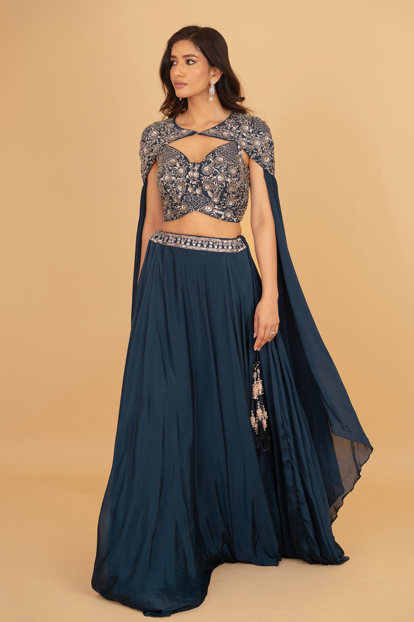 Teal lehenga set with cape