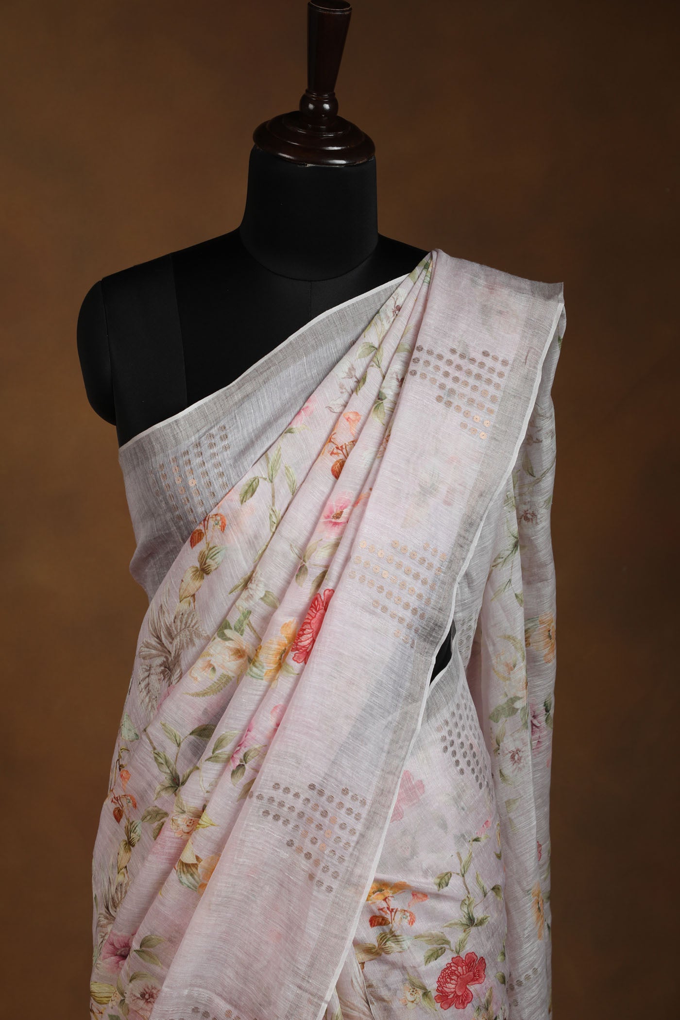 Lavender floral Linen Silk Saree with Golden Accents