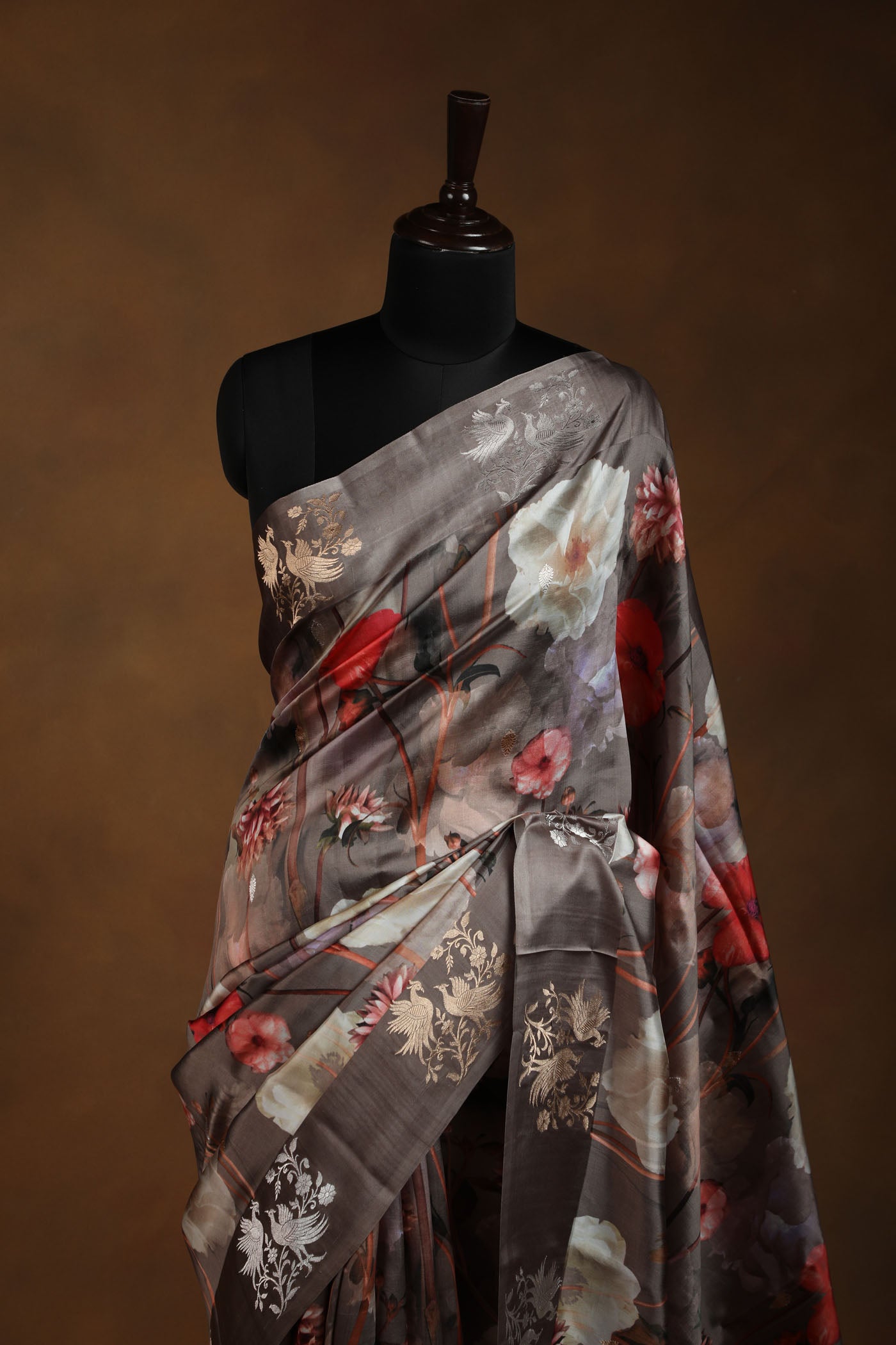 Subtle Grey Floral Saree with Elegant Bird Motif Border