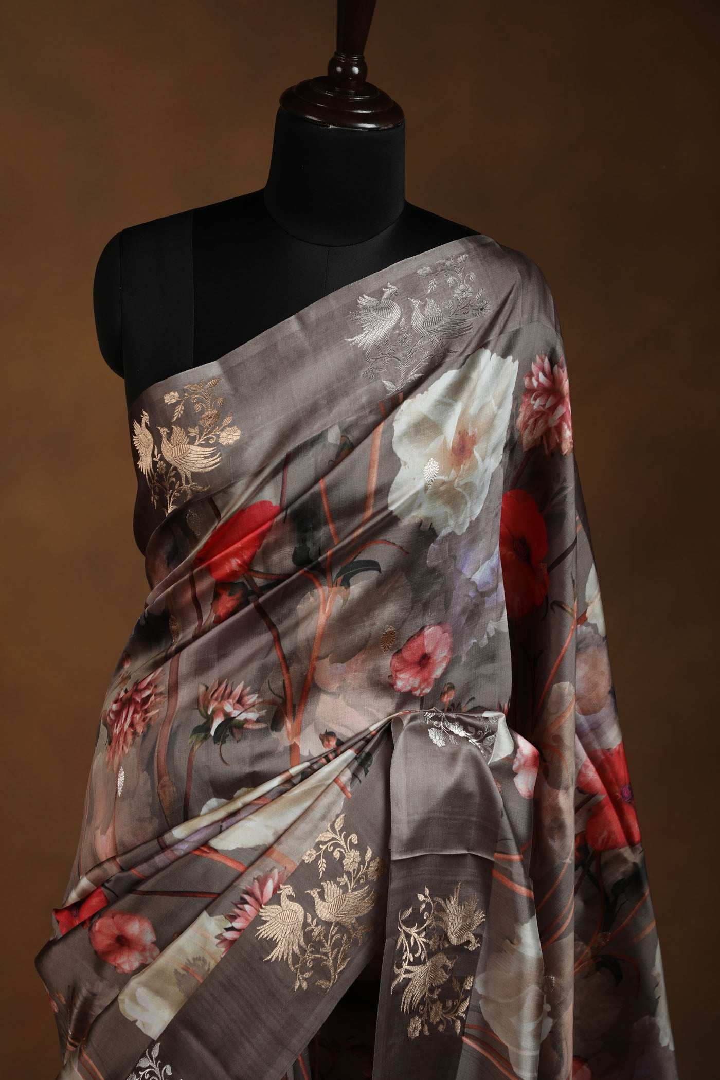 Subtle Grey Floral Saree with Elegant Bird Motif Border