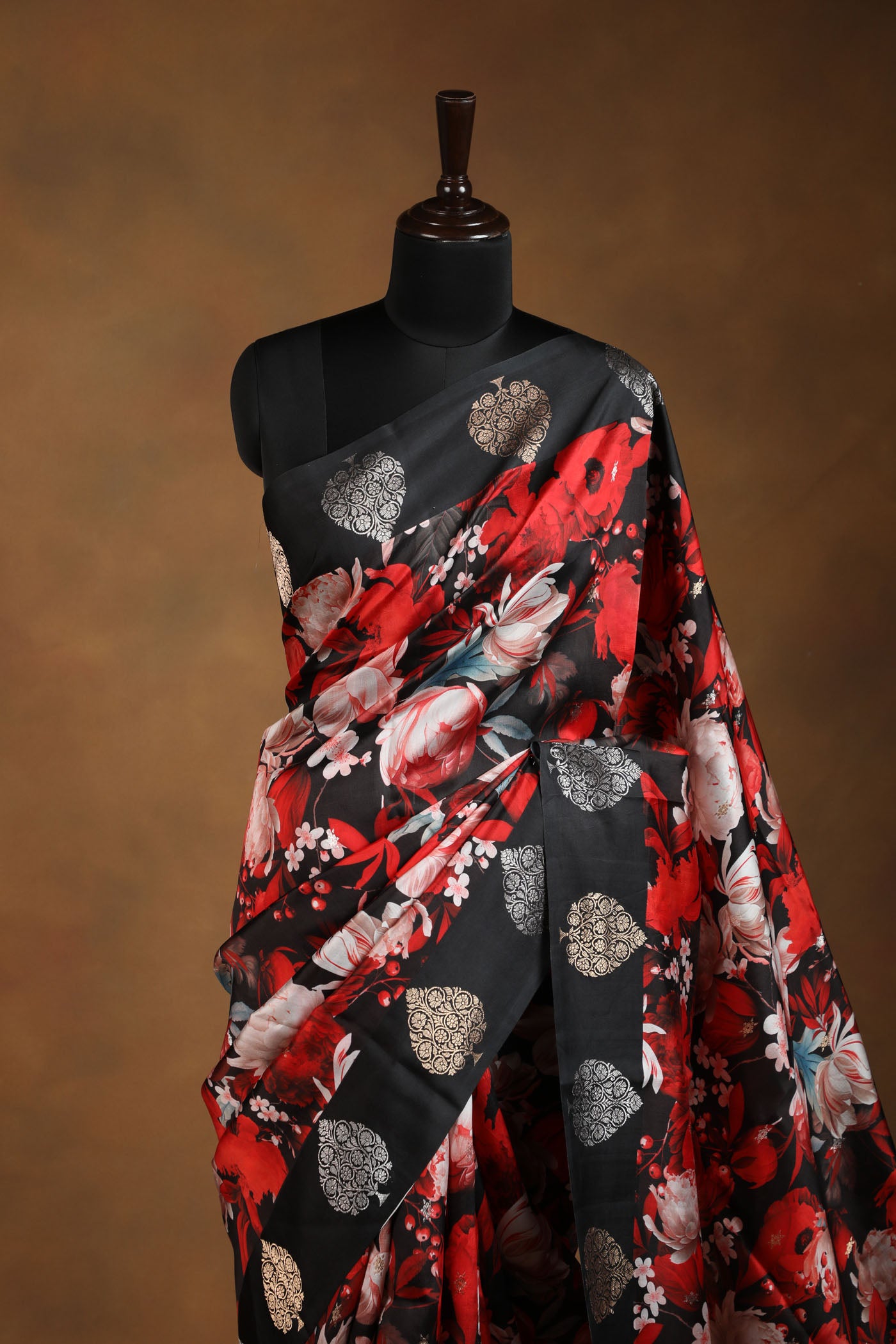 Bold Red Floral Printed Saree with Golden Tree Motif Border
