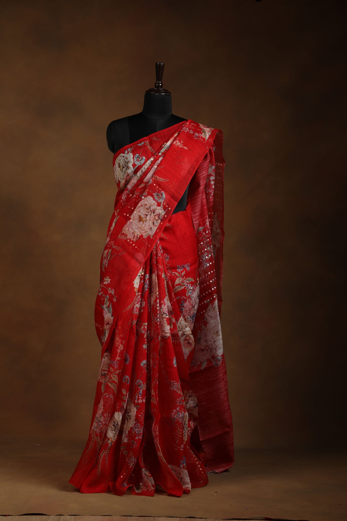 Radiant Red Floral Saree with Sequin Detailing