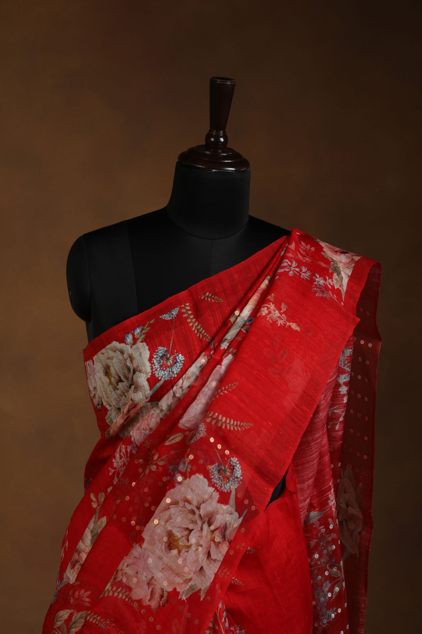 Radiant Red Floral Saree with Sequin Detailing