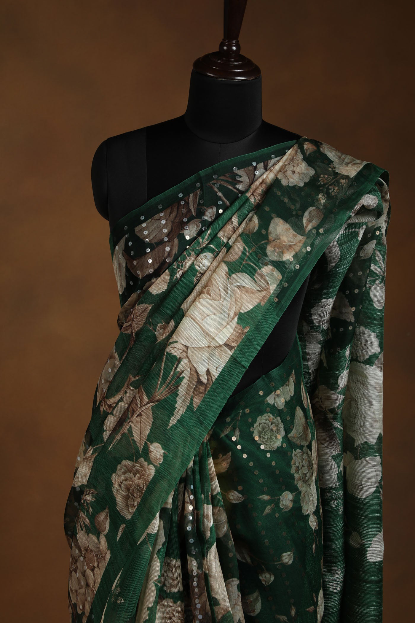 Emerald Green Floral Saree with Golden Sequin Detailing