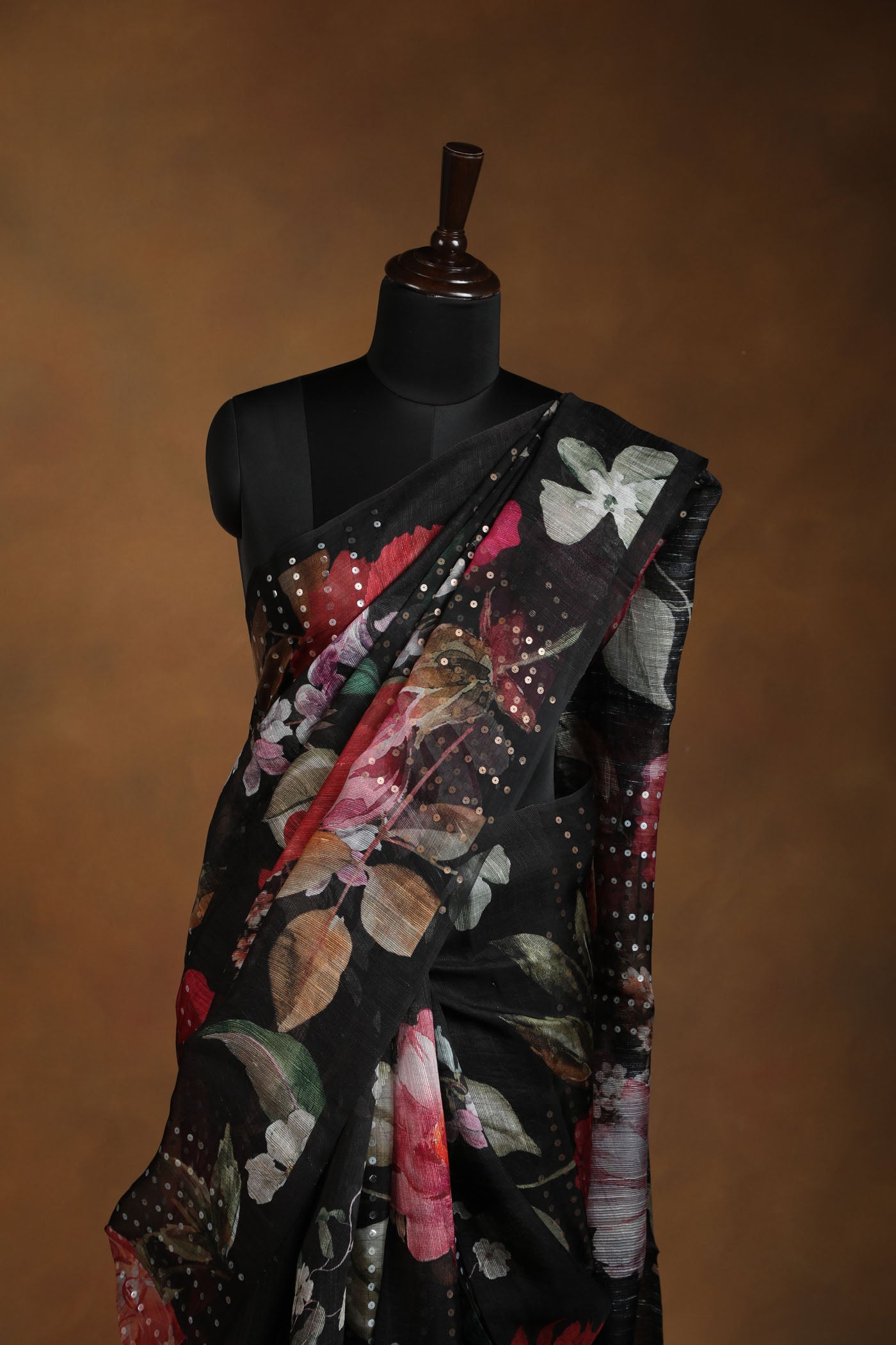 Midnight Bloom Black Saree with Bold Floral Print & Sequin Embellishments
