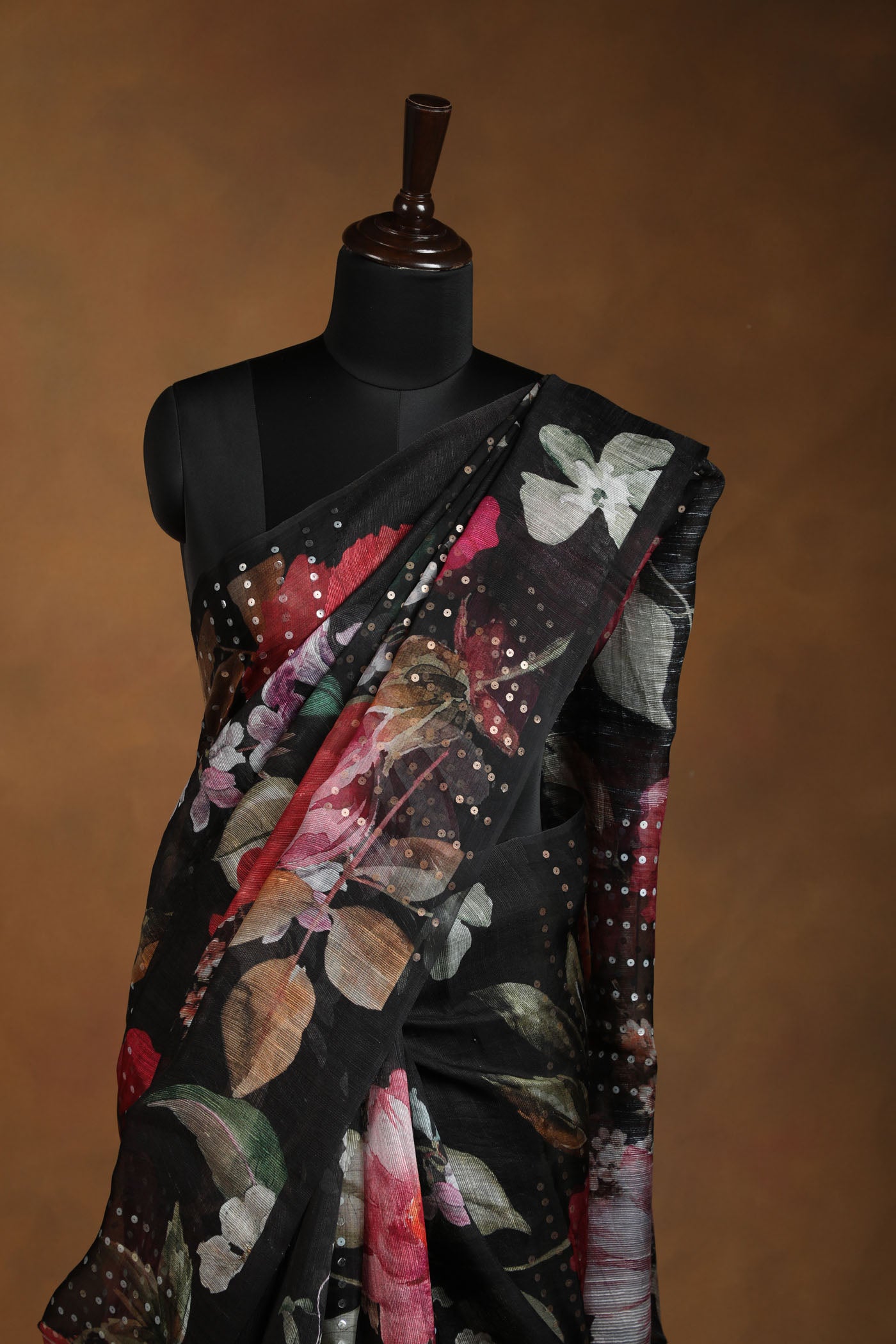 Midnight Bloom Black Saree with Bold Floral Print & Sequin Embellishments