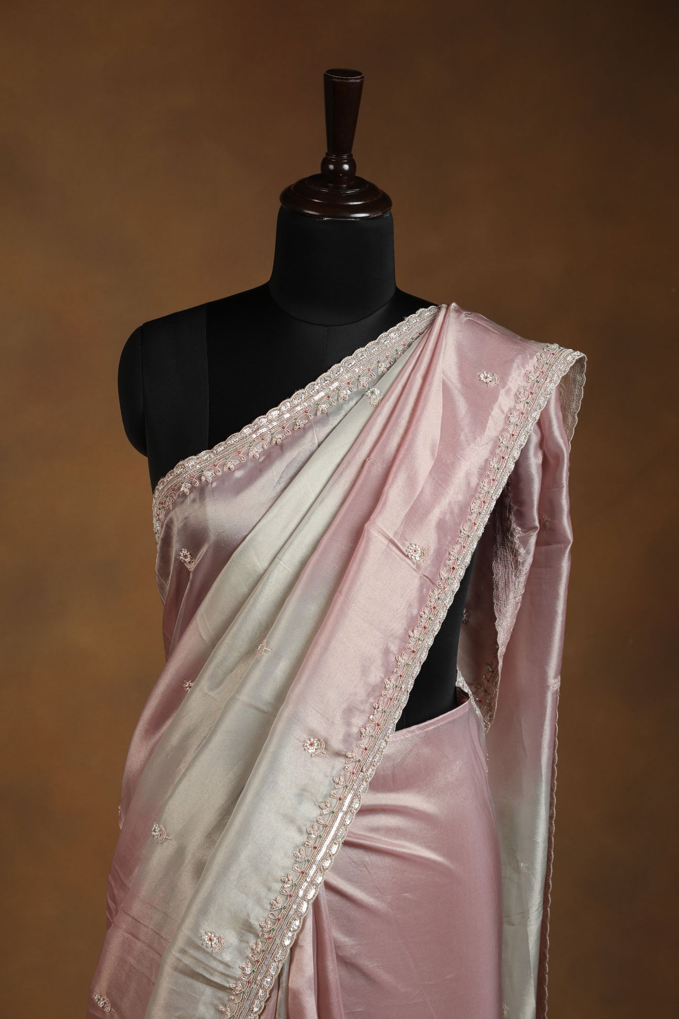 Blush Gold onion pink shaded Organza tissue Saree with Intricate Zari,pearl,cutdana & Sequin Work