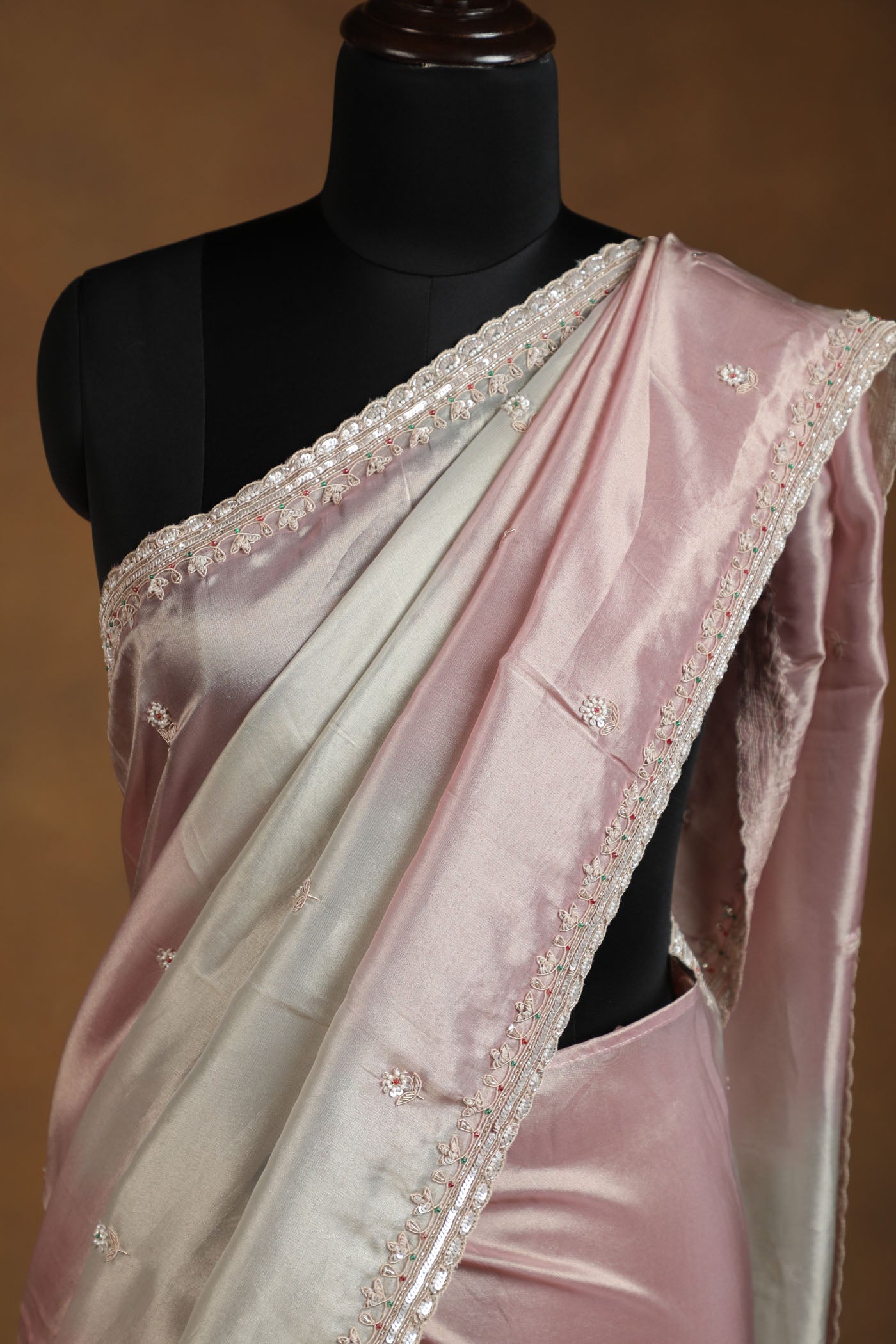 Blush Gold onion pink shaded Organza tissue Saree with Intricate Zari,pearl,cutdana & Sequin Work