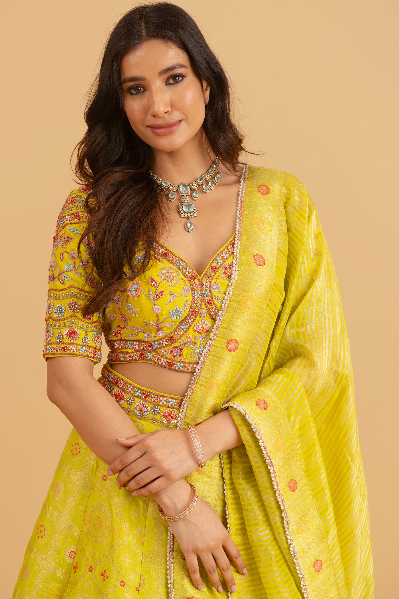 Lime green banarsi lehenga with multicolour embroidery