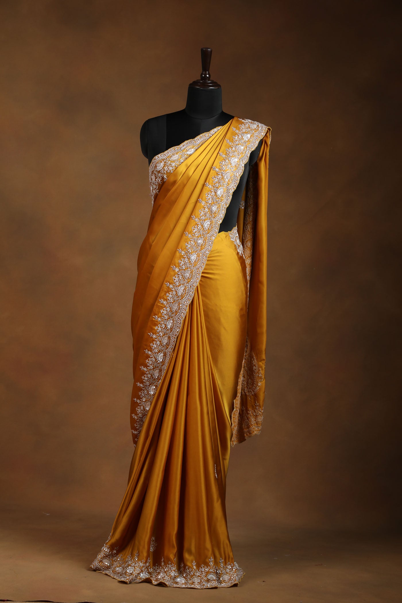 Mustard Yellow Satin Saree with Cutdana,pearl,Heavy Sequin & Zari Embroidery