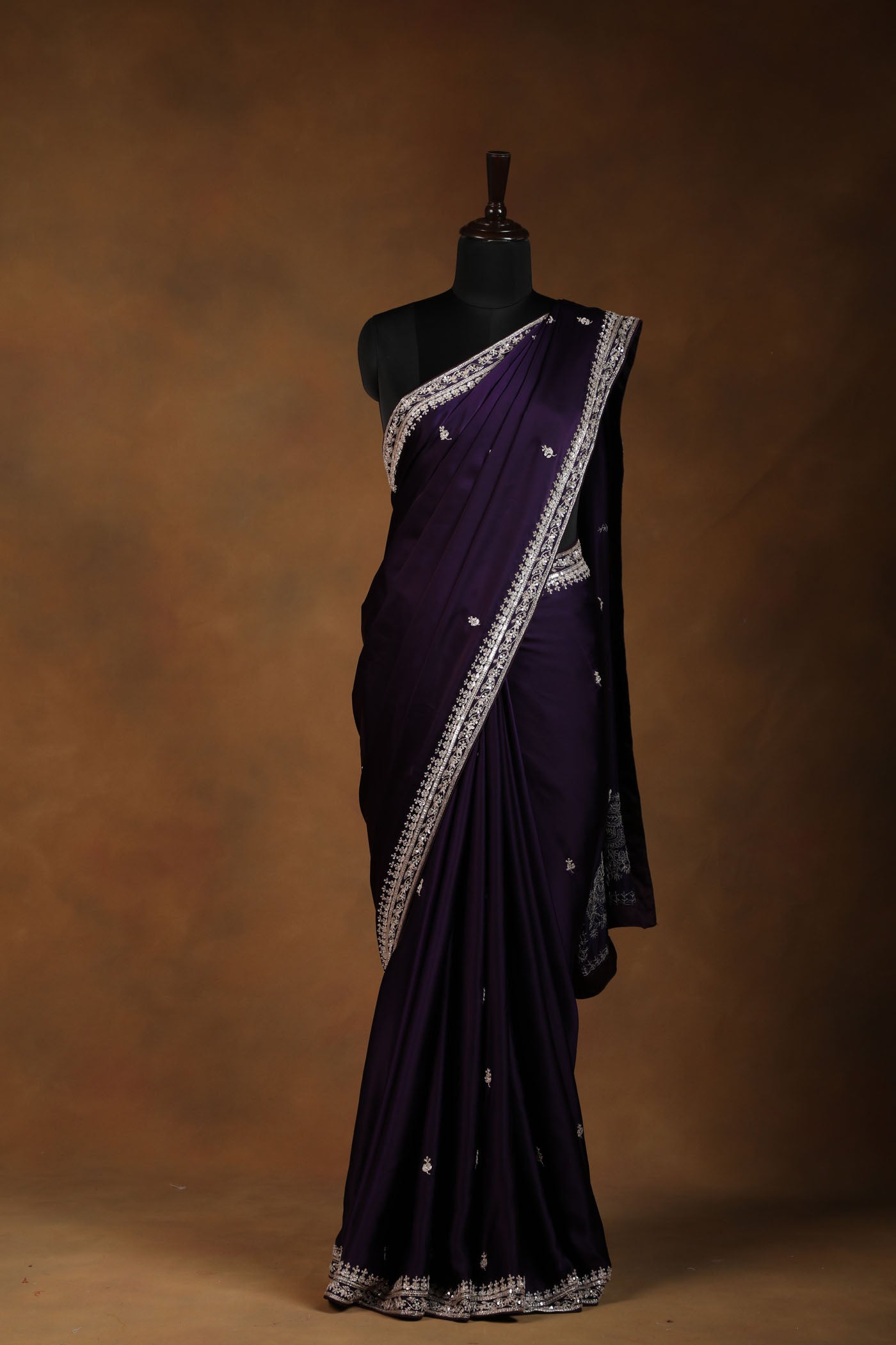 Midnight Purple Satin Saree with Intricate Gold Embroidery