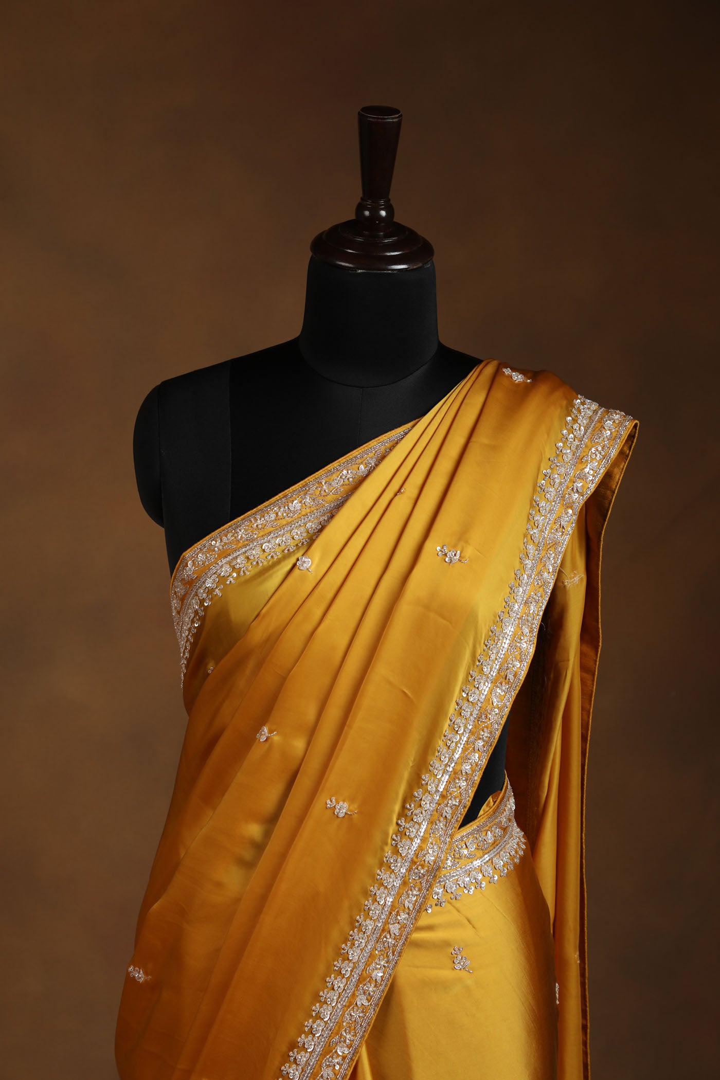 Mustard Yellow Satin Saree with Elegant Silver Embroidery