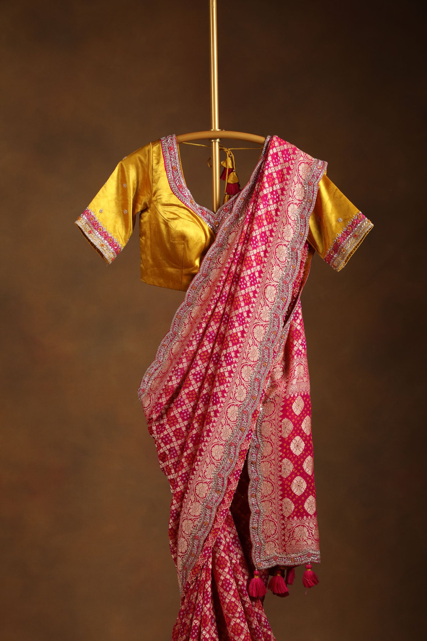 Royal pink and Gold Banarasi Saree with Embroidered Mustard Silk Readymade Blouse