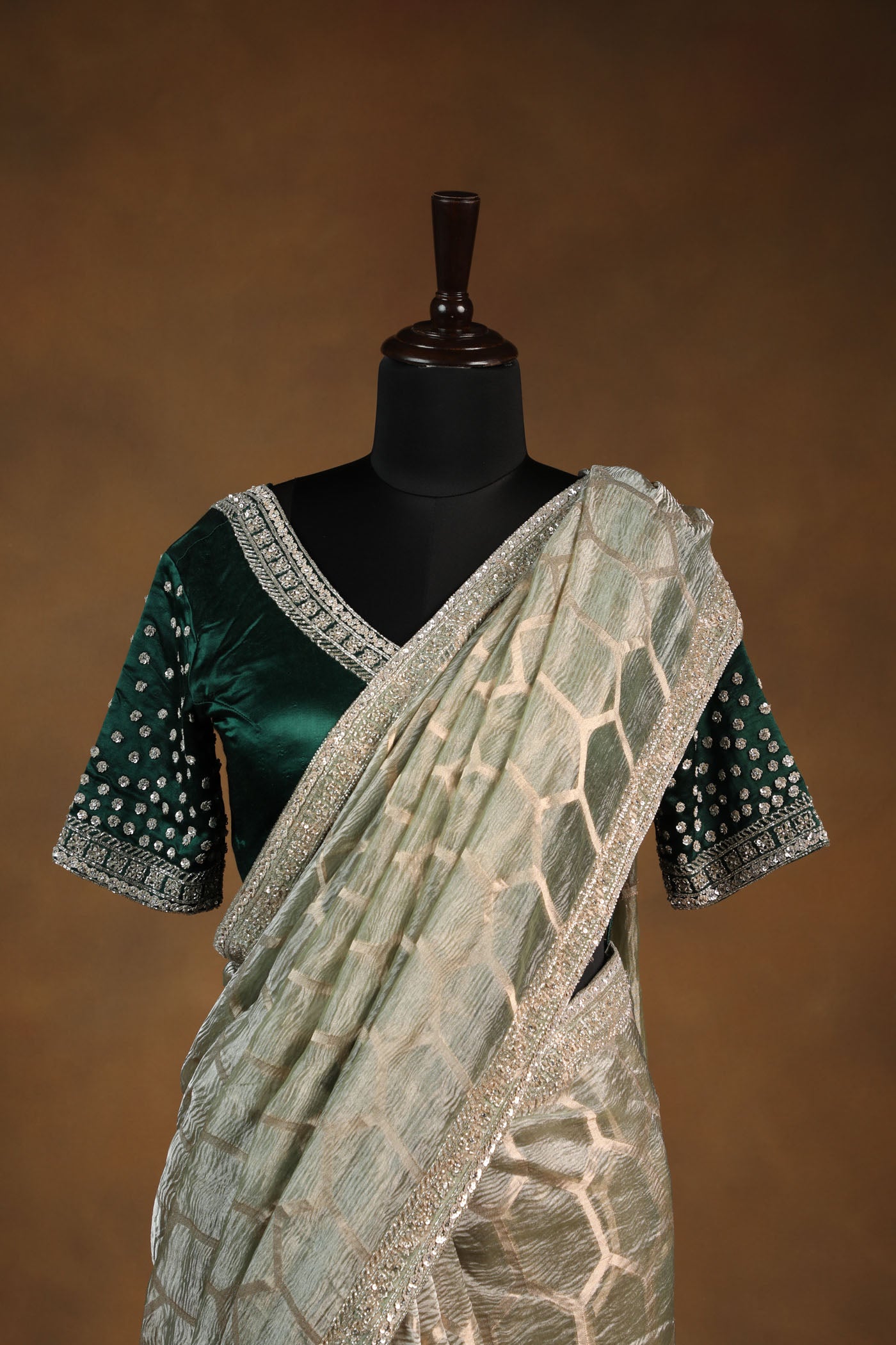 Elegant Olive Green Crush Tissue Saree with Embellished Bottle Green Satin Blouse