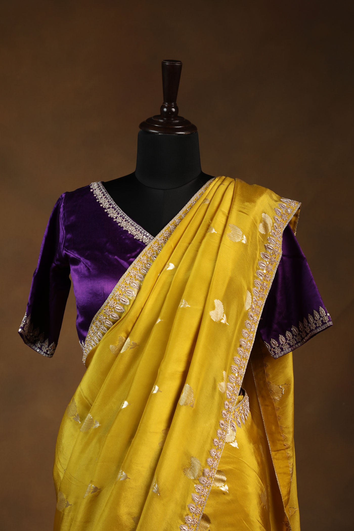 Vibrant Yellow Heart Motif Saree with Embellished Purple Satin Readymade Blouse
