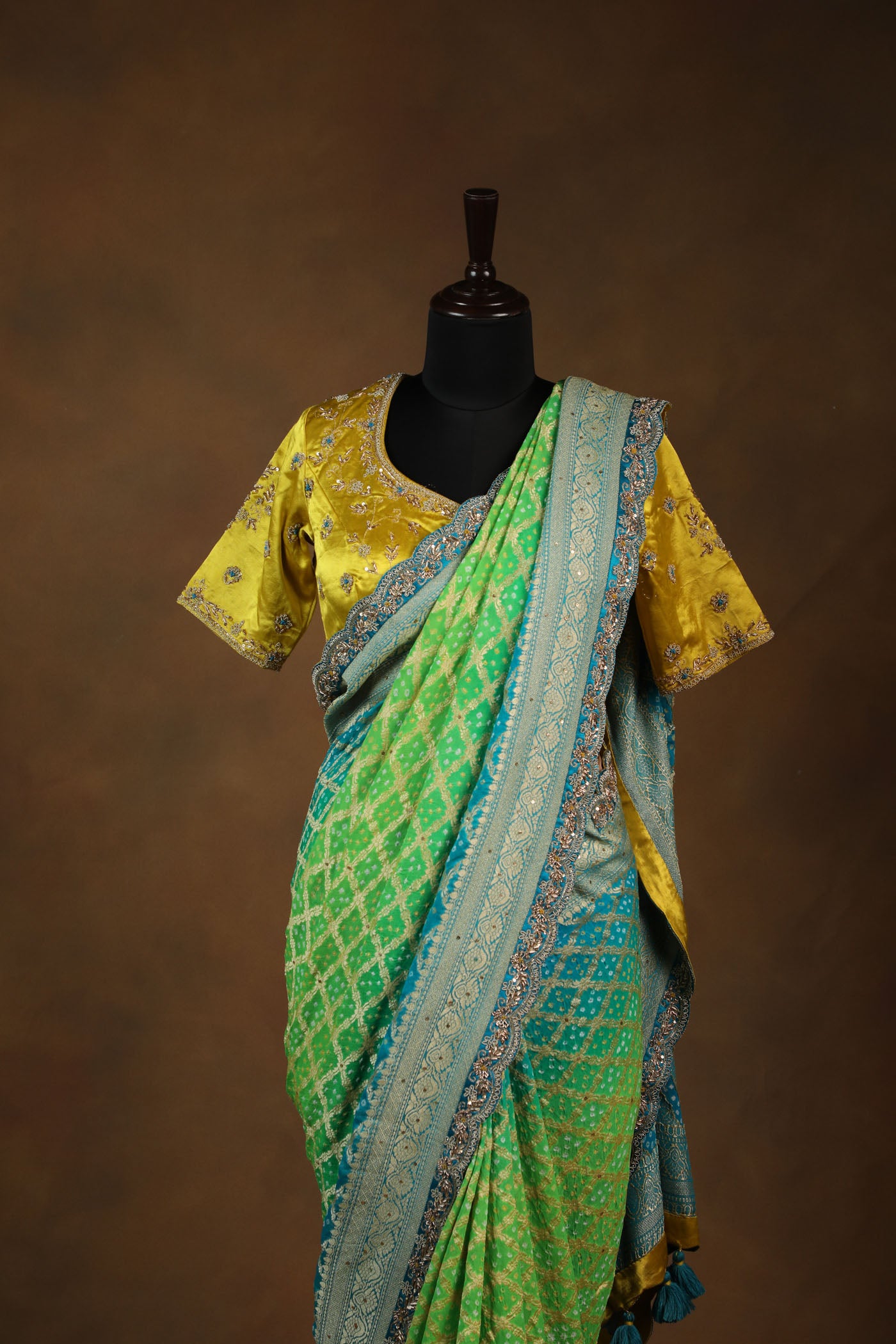 Royal Blue And Green Shaded Georgette Saree with Embroidered Sunshine Yellow Satin Readymade Blouse