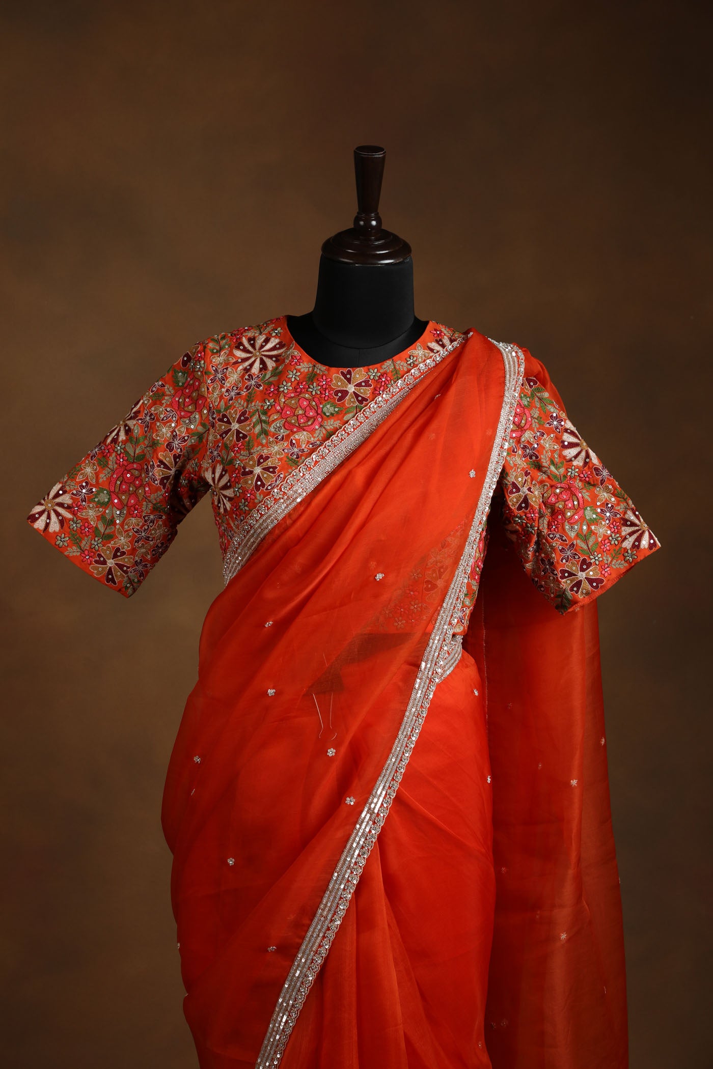 Rust Orange Organza Saree with Heavy Multicolor Embroidered Tussar silk Readymade Blouse (RTS)