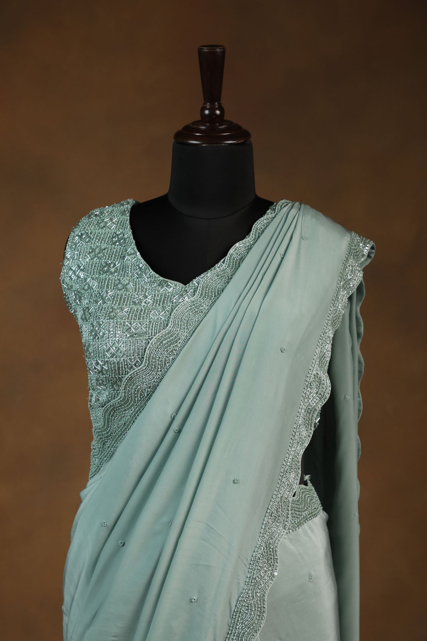 Elegant Sage Green Crepe Saree with Fully Embellished Readymade Blouse (RTS)