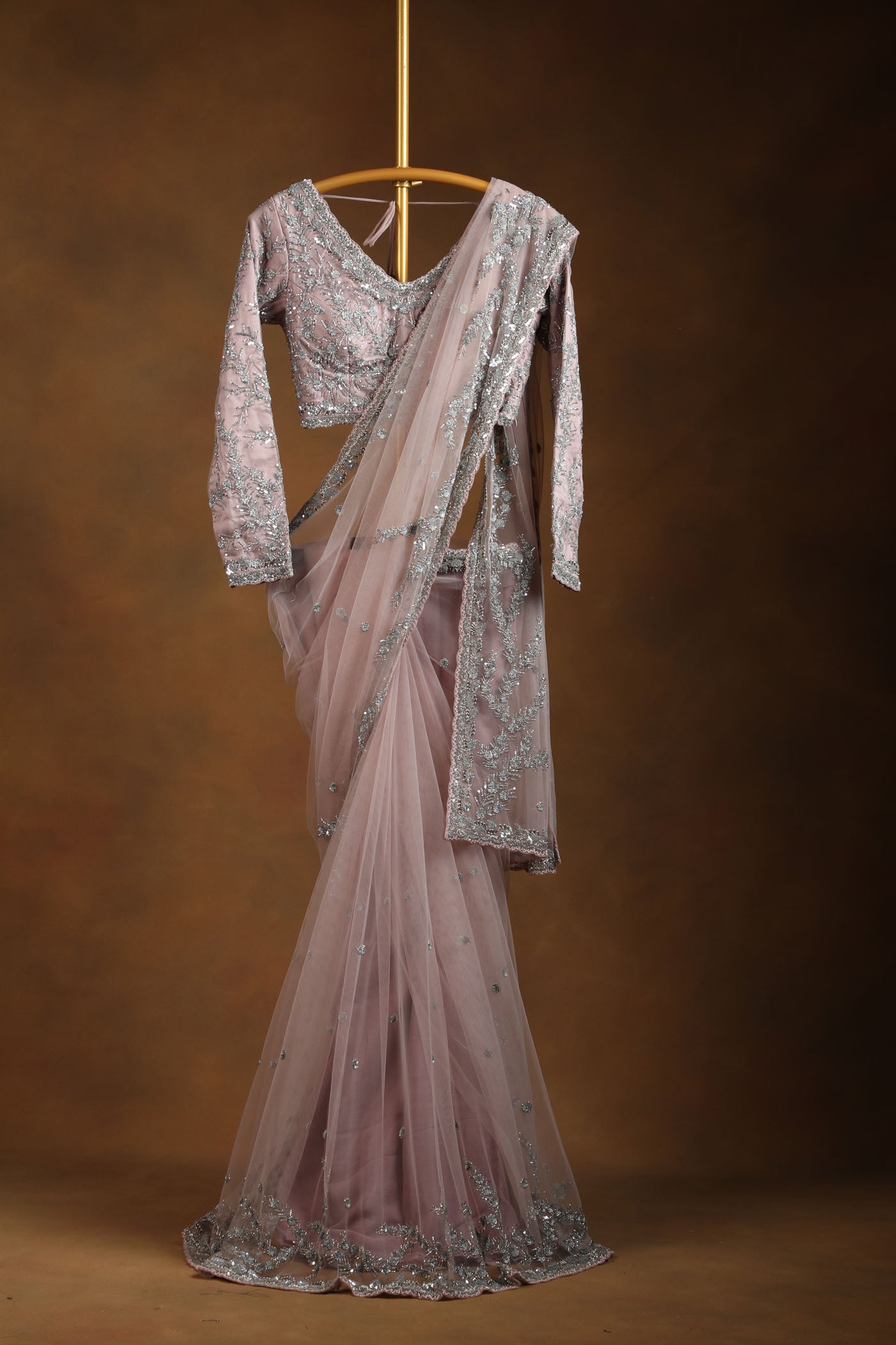 Dusty Rose Net Saree with Sequin Work and Matching Embroidered Blouse (RTS)