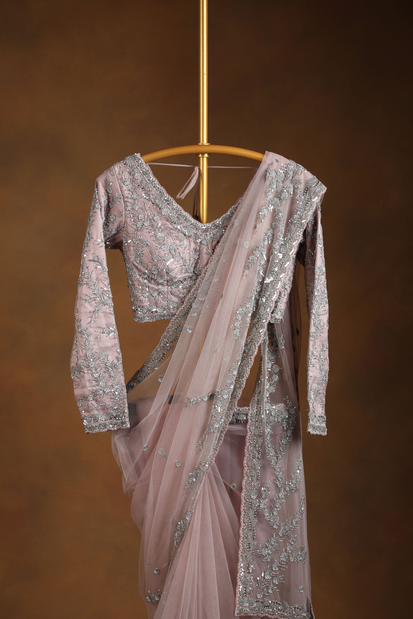 Dusty Rose Net Saree with Sequin Work and Matching Embroidered Blouse (RTS)