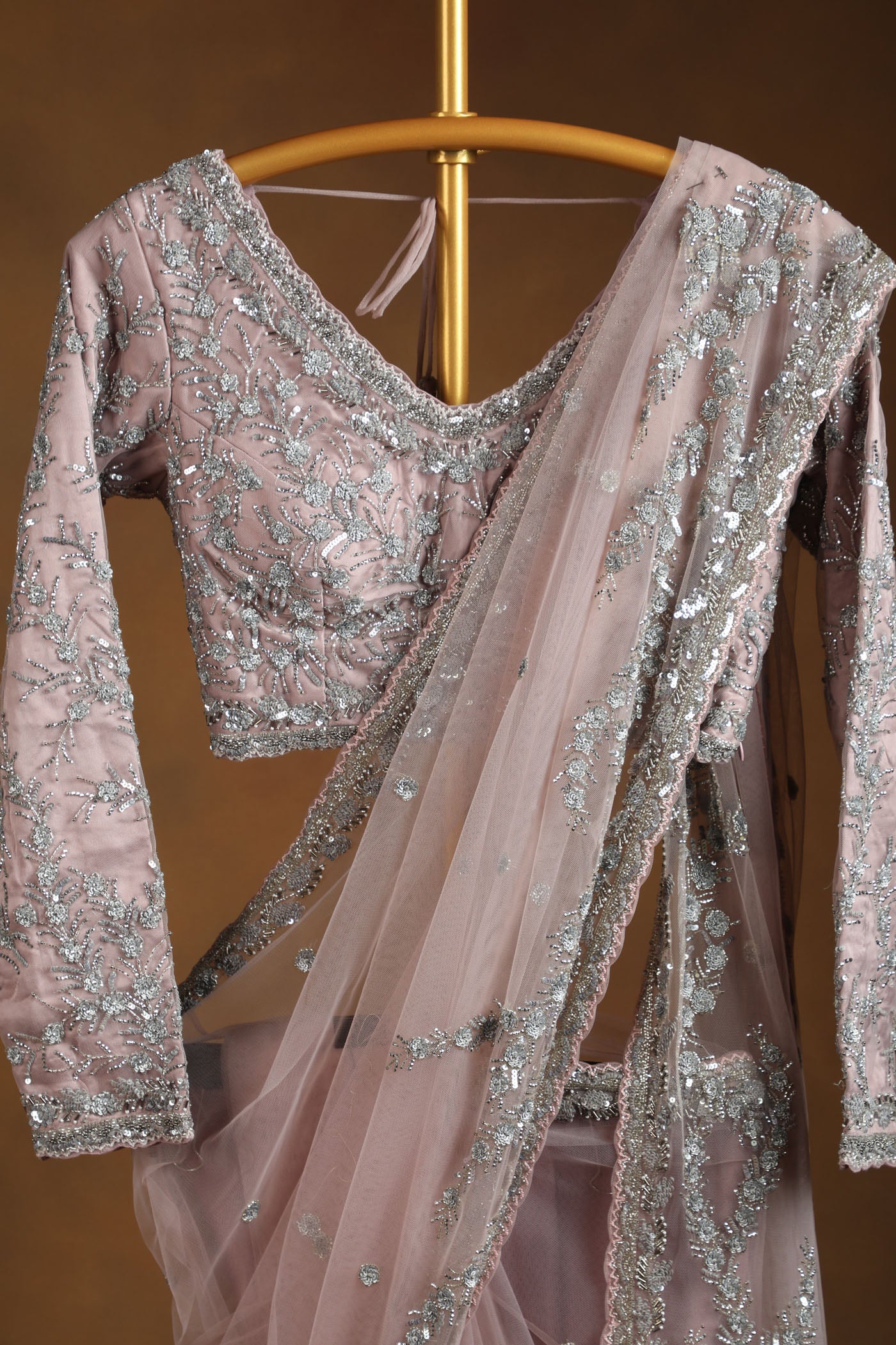 Dusty Rose Net Saree with Sequin Work and Matching Embroidered Blouse (RTS)