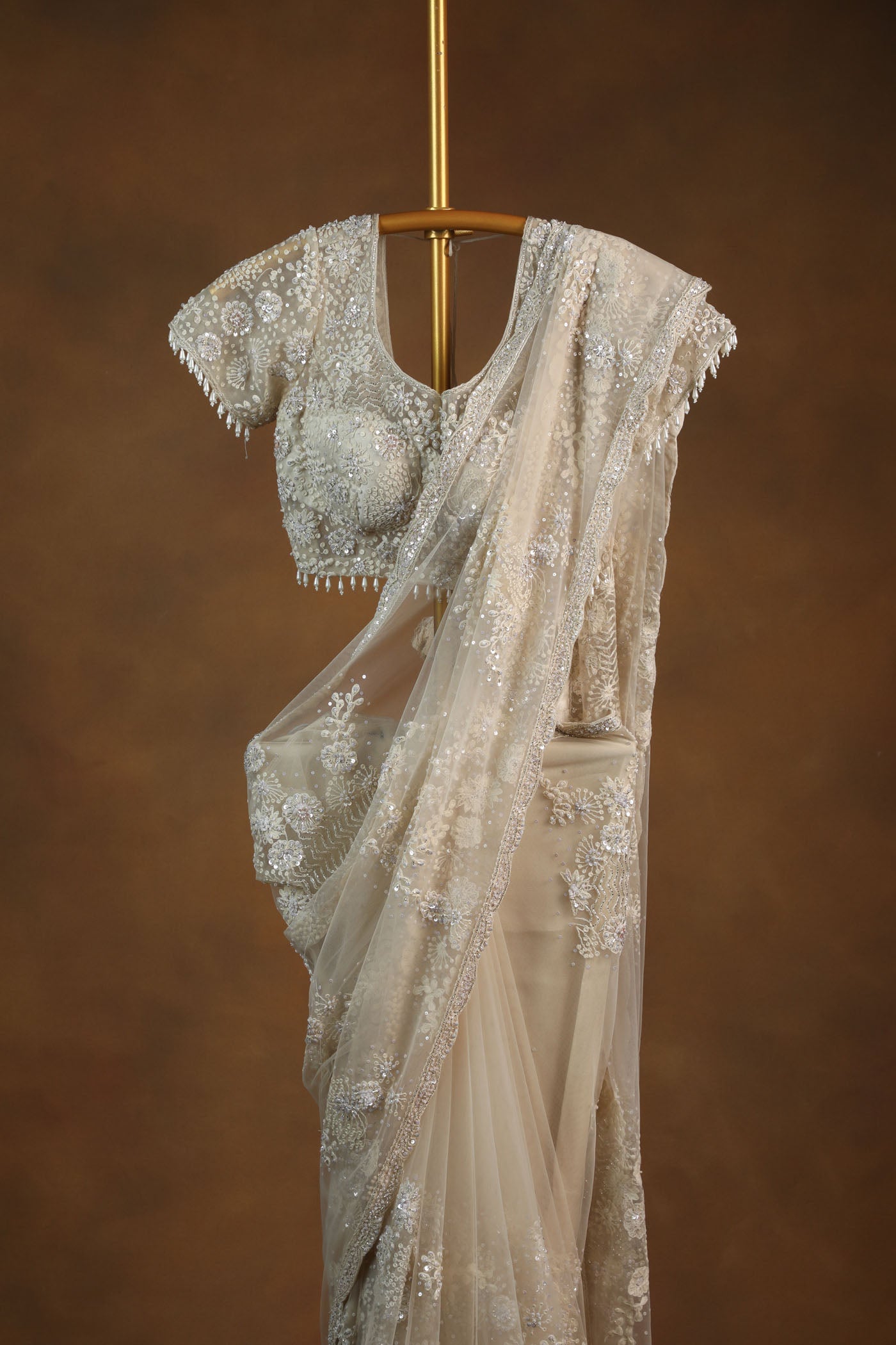 Ivory Embellished Net Saree with Designer Beaded Blouse (RTS)