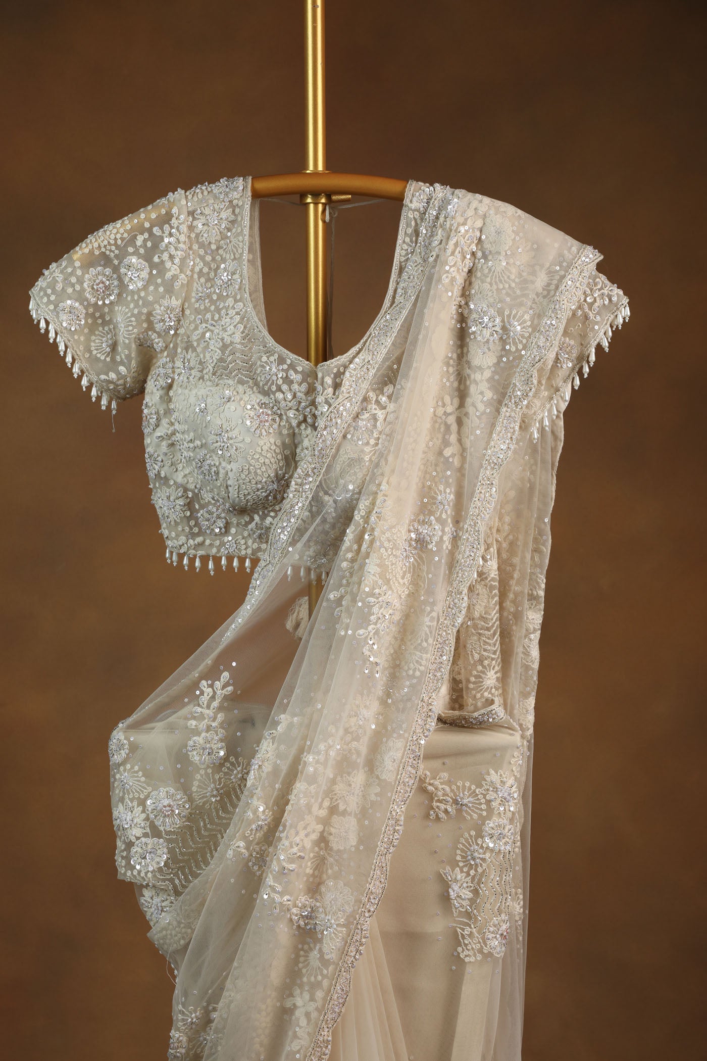 Ivory Embellished Net Saree with Designer Beaded Blouse (RTS)