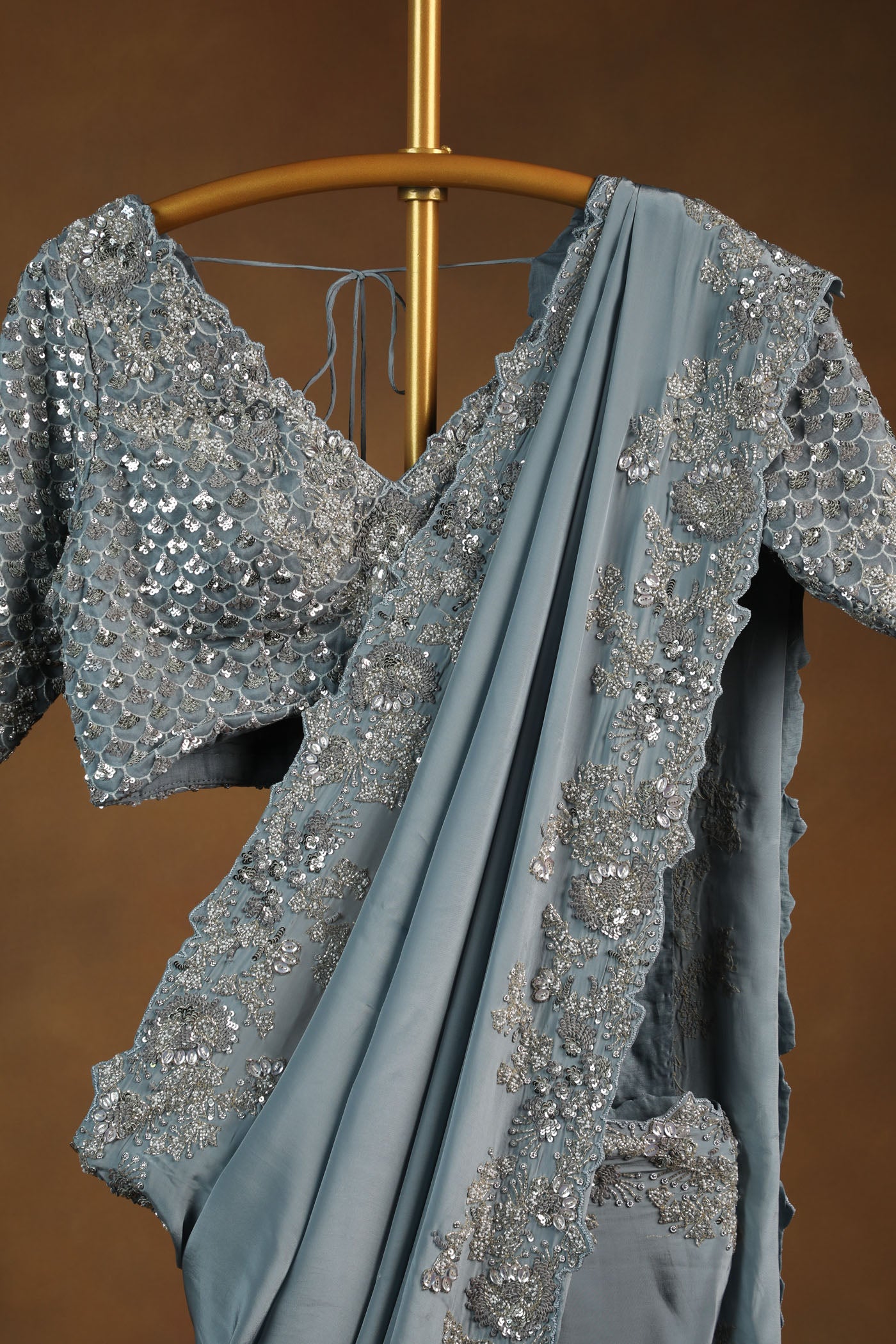 Ice Blue Crepe Saree with Heavily Embellished Blouse (RTS)