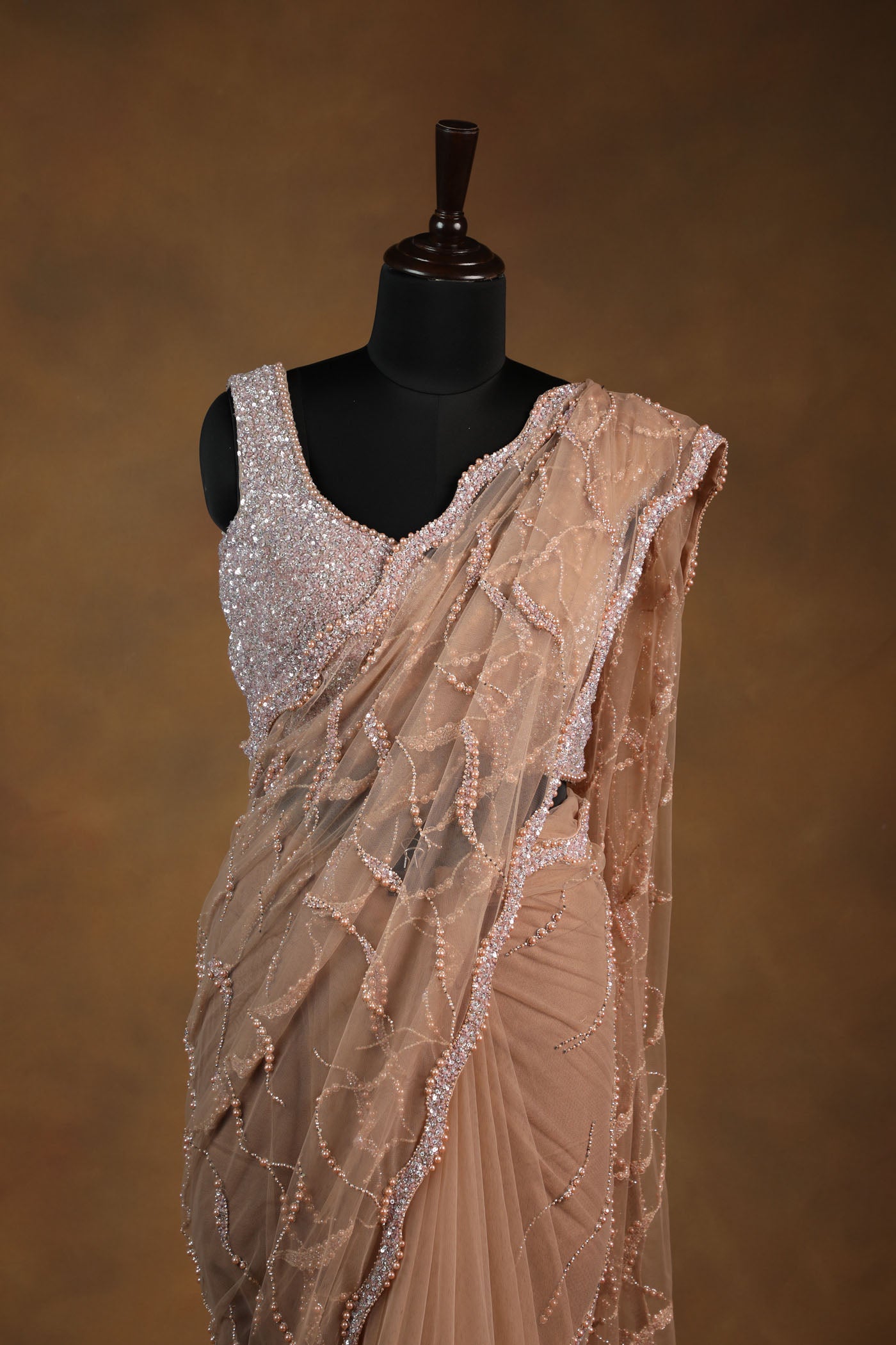 Champagne Gold Sequin Saree with Feather-Trim and Embellished Blouse