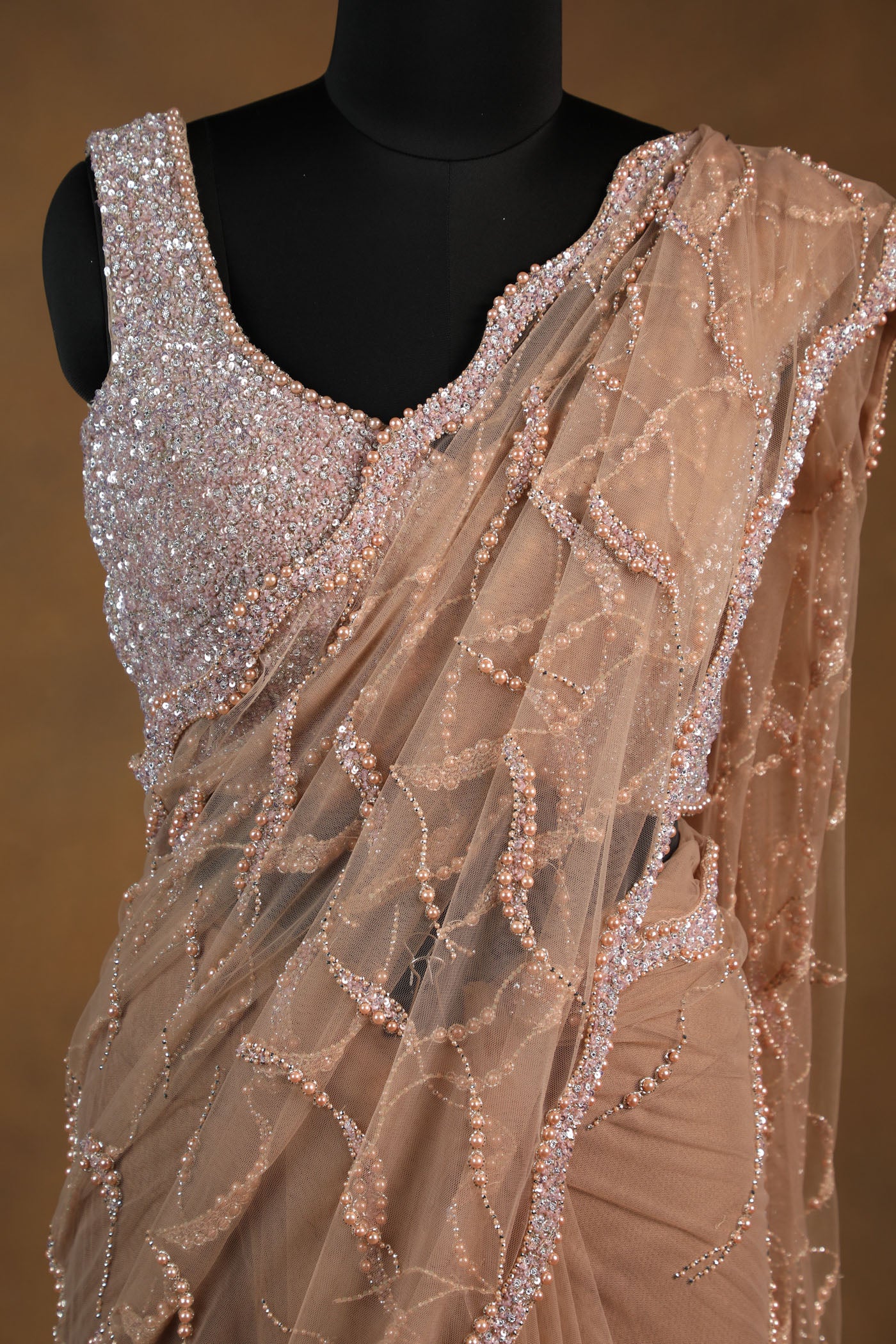 Champagne Gold Sequin Saree with Feather-Trim and Embellished Blouse