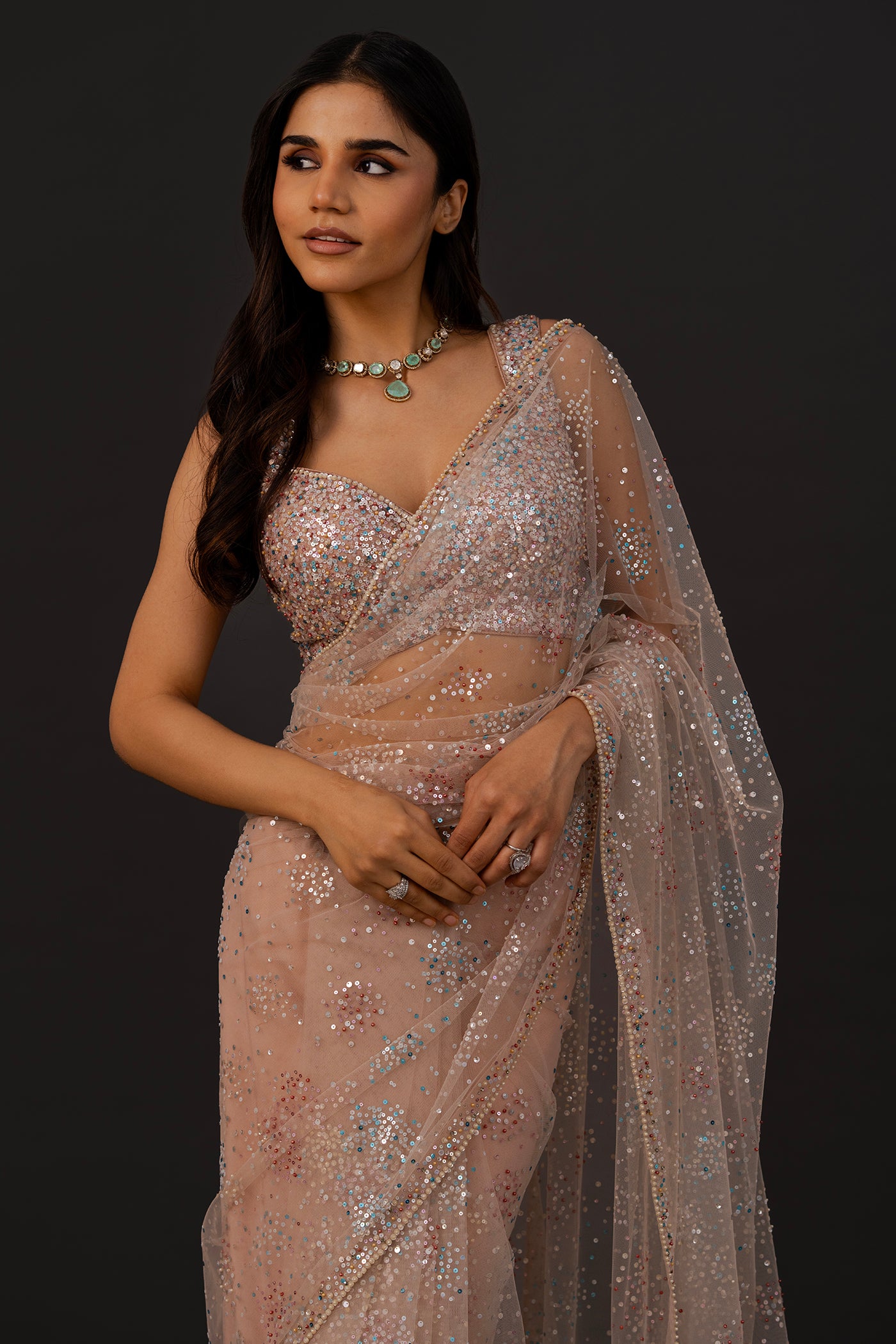 Soft rose net saree with readymade blouse