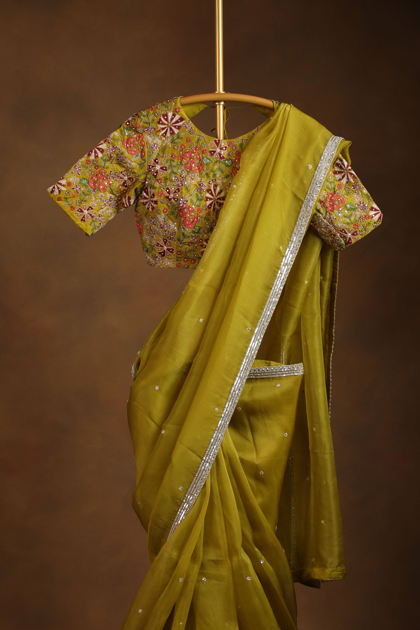 Olive Green Organza Saree with Floral thread Embroidered Blouse (RTS)