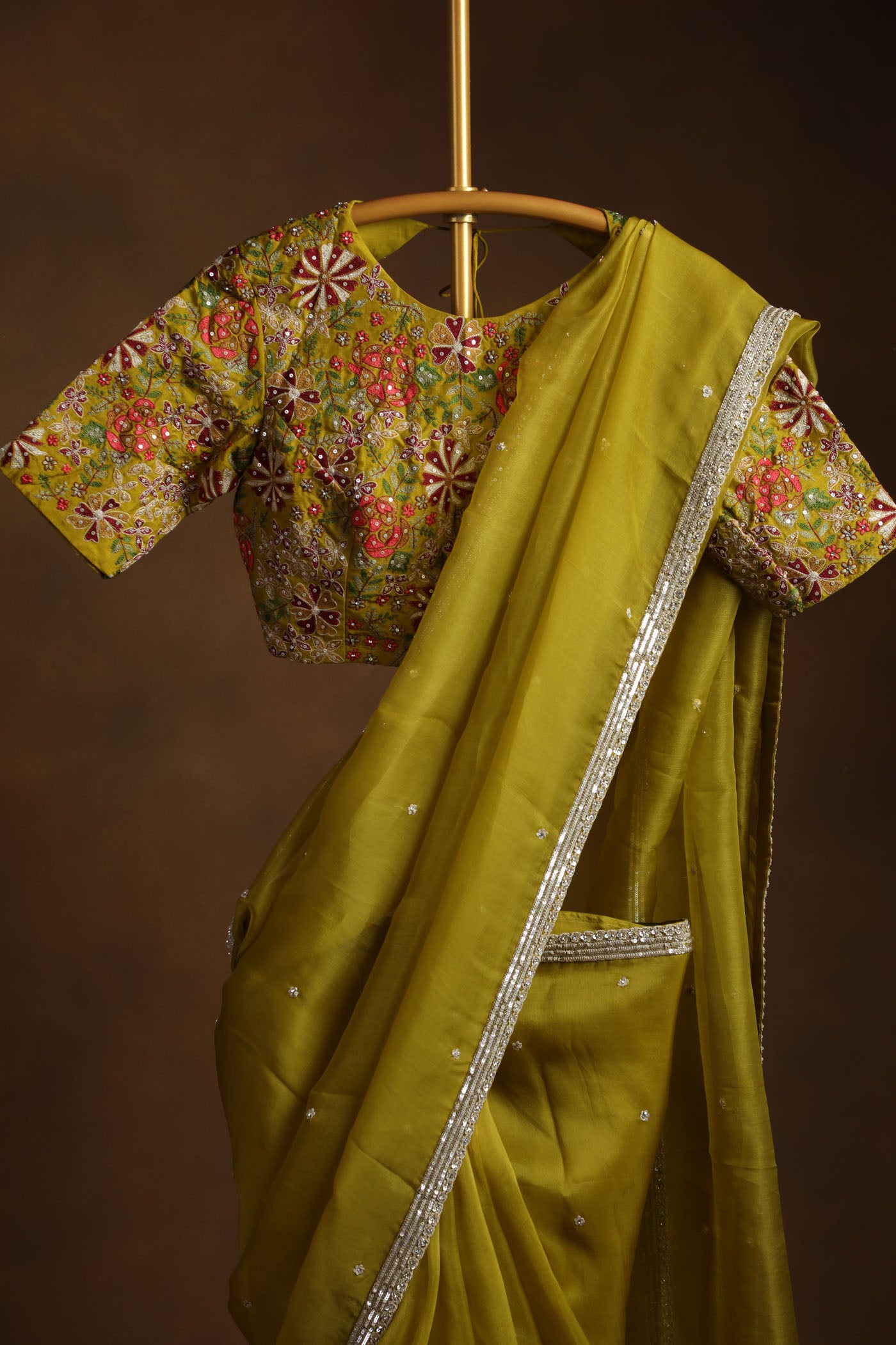 Olive Green Organza Saree with Floral thread Embroidered Blouse (RTS)