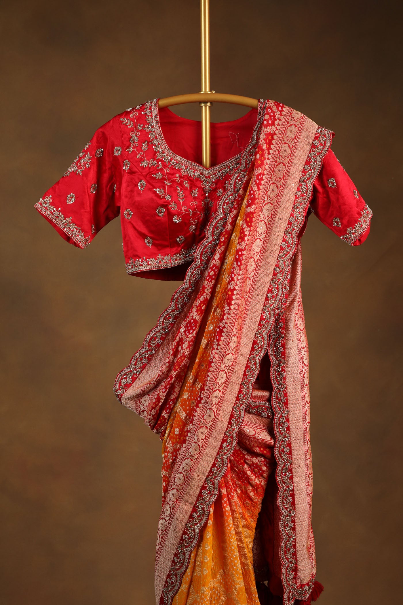 Traditional Red and Yellow Shaded Georgette Saree with Embroidered Satin Blouse (RTS)