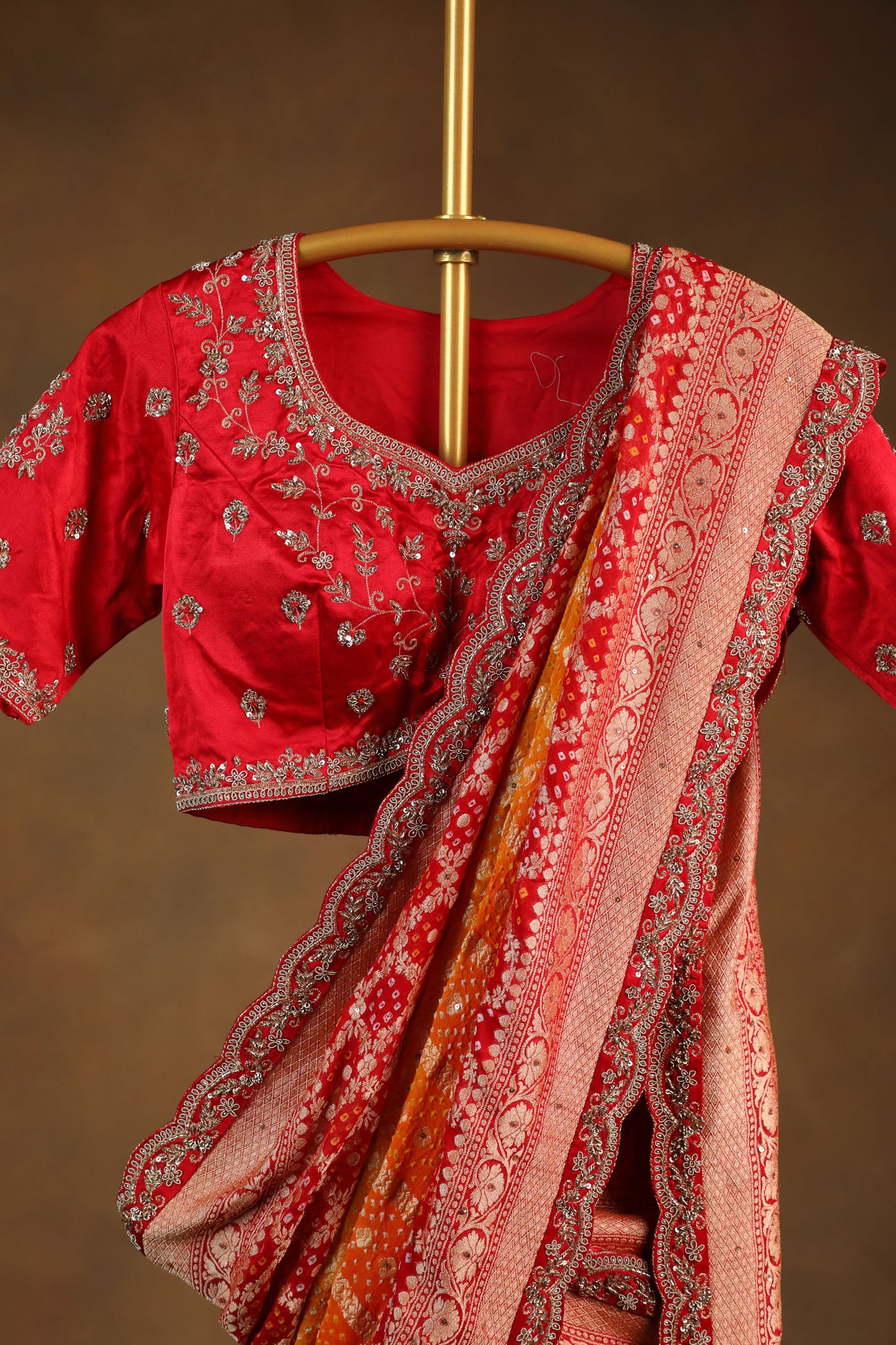 Traditional Red and Yellow Shaded Georgette Saree with Embroidered Satin Blouse (RTS)