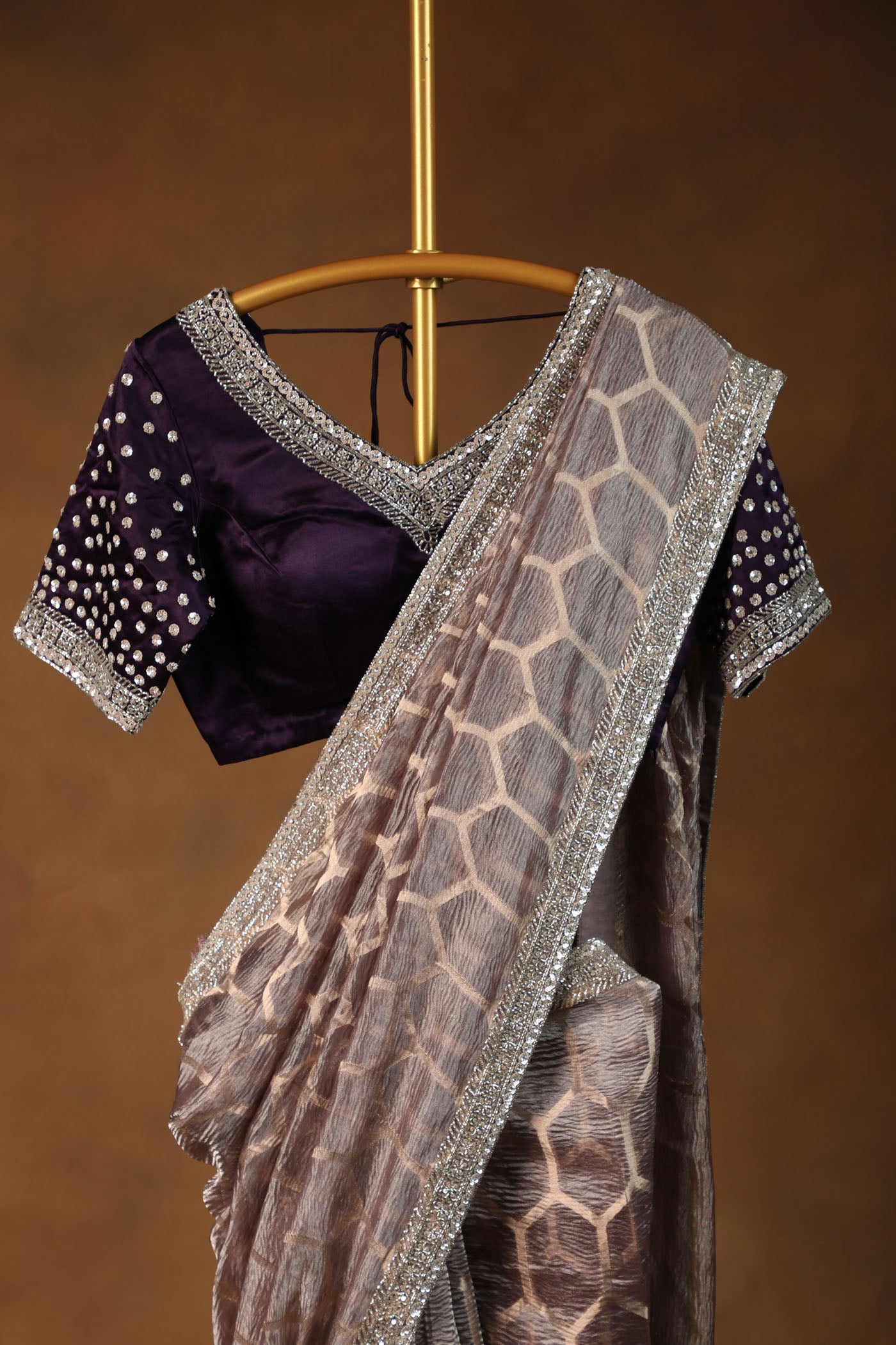 Elegant lavender crush tissue Saree with Embellished purple Satin Blouse (RTS)