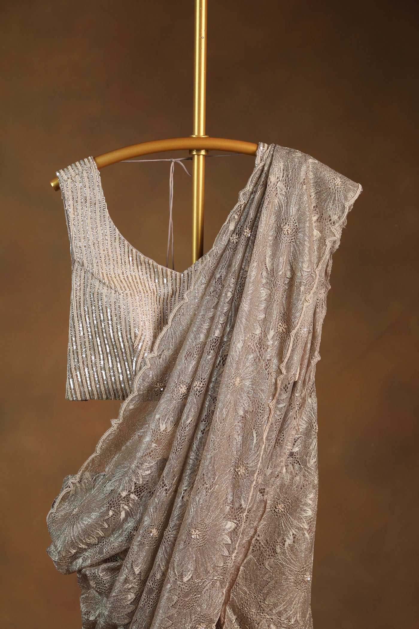Champagne Gold Sequin Saree with Matching Sleeveless Blouse (RTS)