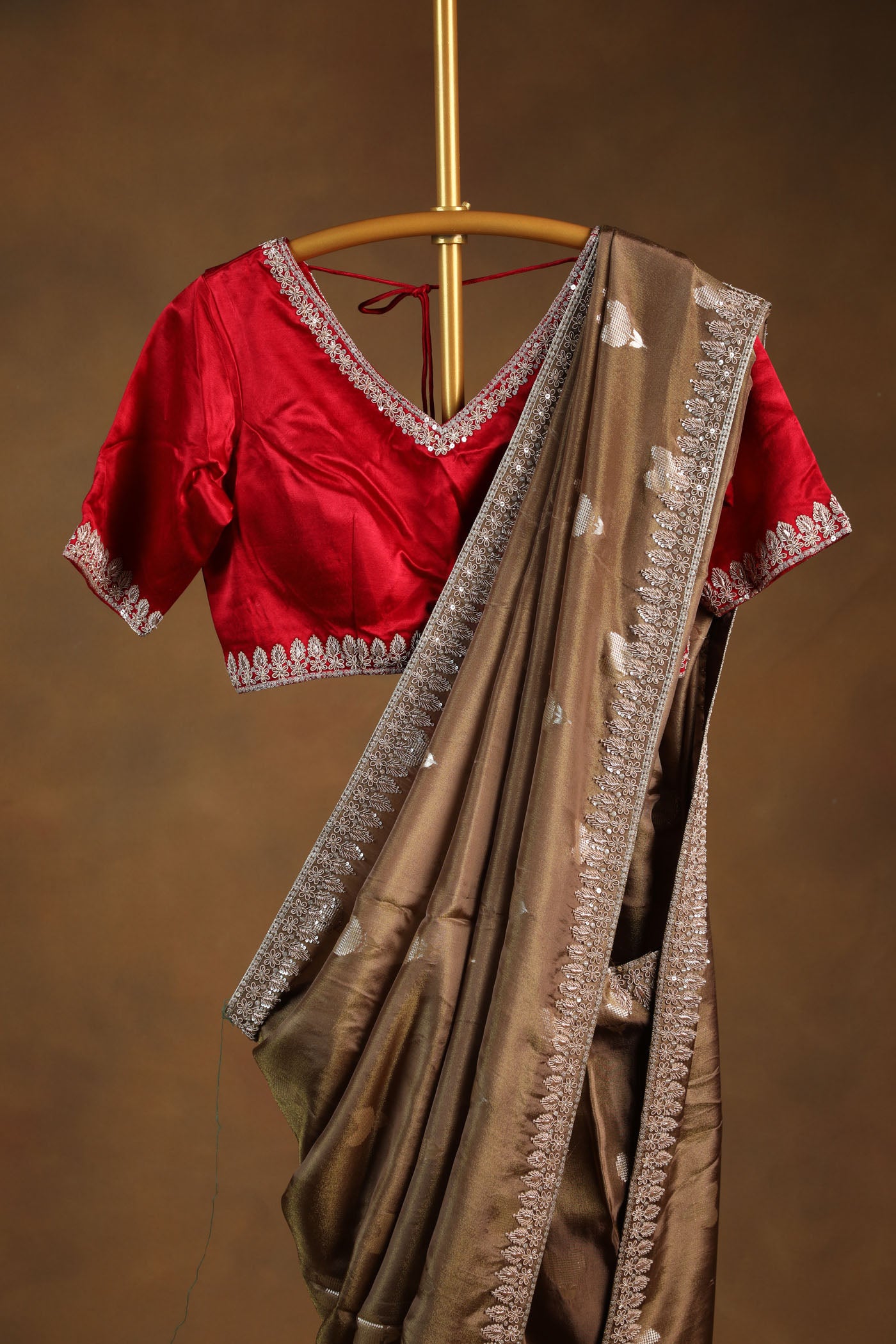 Bronze saree with Embellished satin blouse